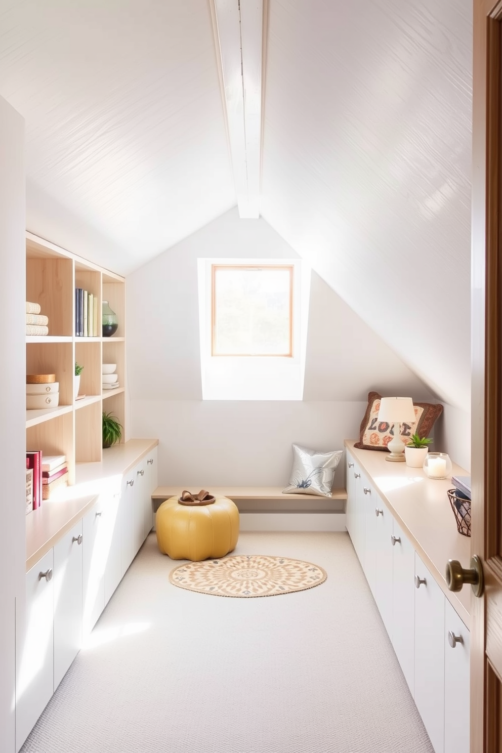 Light colored walls create an airy and bright atmosphere in the limited space of an attic. Incorporate built-in shelves and cozy nooks to maximize functionality while maintaining a stylish aesthetic.