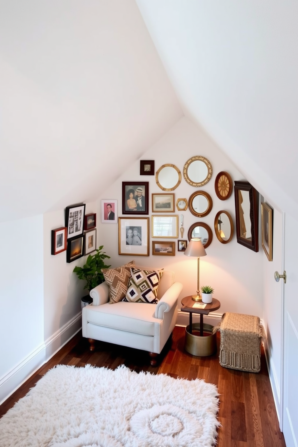 A cozy attic space transformed into a stylish retreat. The walls are painted in soft white to enhance the natural light, while a sloped ceiling adds character. A gallery wall featuring a mix of framed art, personal photos, and decorative mirrors brings warmth and personality to the room. A plush area rug anchors the seating area, which includes a comfortable armchair and a small side table.