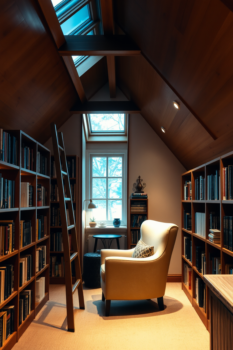 A cozy attic space transformed into a small library with wooden bookshelves lining the sloped walls. A stylish ladder leans against the shelves, providing access to the upper levels filled with books and decorative items. Soft, ambient lighting illuminates the room, creating a warm and inviting atmosphere. A comfortable reading nook is nestled under a skylight, featuring a plush armchair and a small side table for a cup of tea.