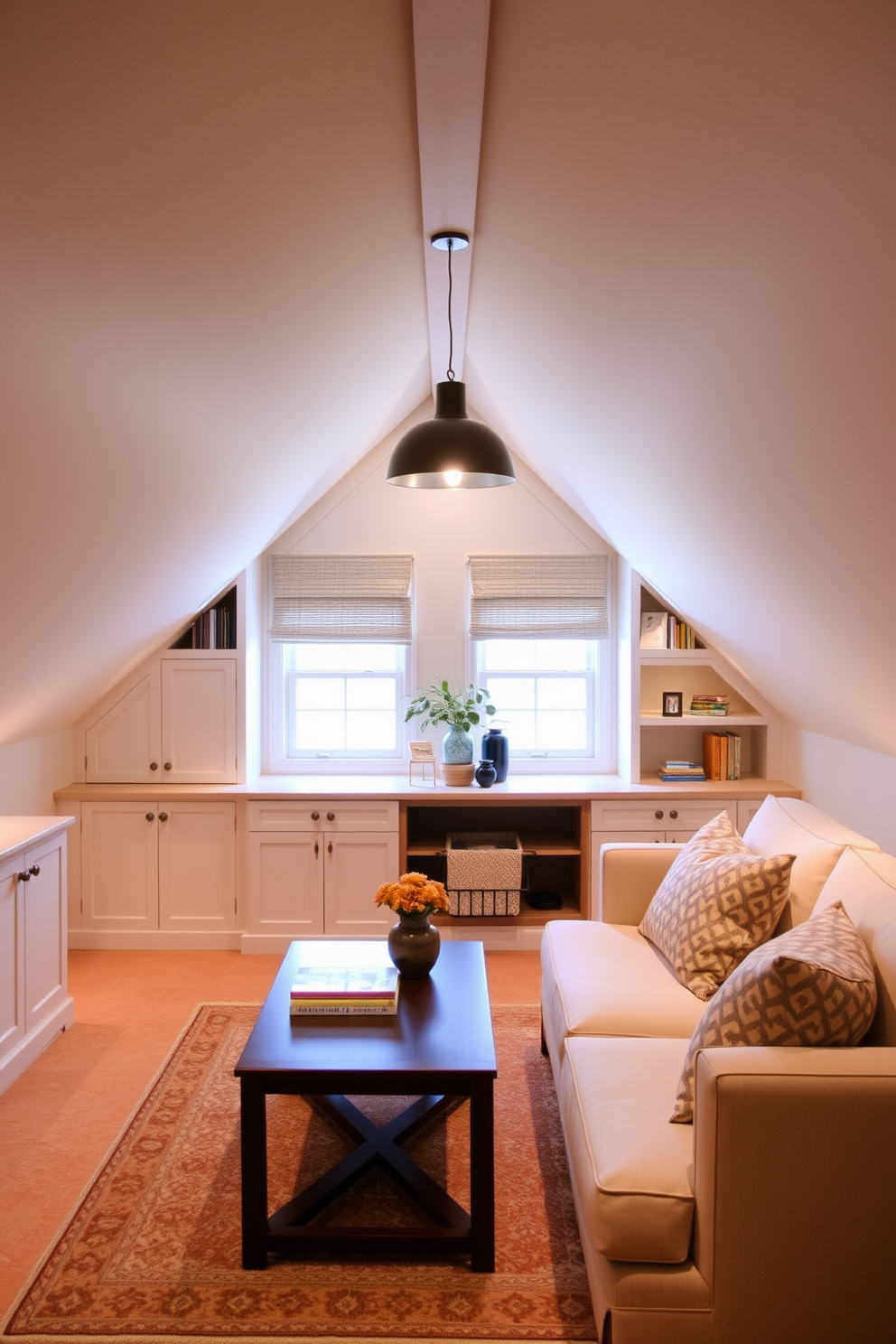 Create a cozy attic space that maximizes limited square footage by incorporating built-in furniture. Utilize the eaves for hidden storage solutions, such as custom cabinetry and shelving that blend seamlessly with the sloped ceiling. Incorporate soft lighting to enhance the warmth of the room, using recessed lights and stylish pendant fixtures. Choose a neutral color palette with pops of color through accessories to create an inviting atmosphere while maintaining a sense of spaciousness.