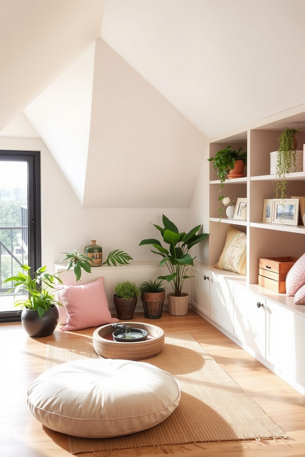 Create a relaxing meditation corner with a soft floor cushion in calming pastel colors. Surround the space with indoor plants and a small water fountain to enhance tranquility. Design an attic space that maximizes limited space while incorporating cozy seating. Use built-in shelves for storage and a large window to let in natural light, creating an inviting atmosphere.