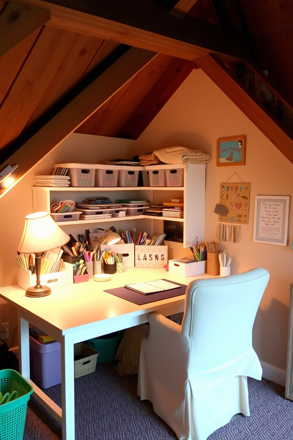 Design a cozy craft corner in an attic space. Include a sturdy work table with organized supplies neatly arranged on shelves and in bins. Use soft, warm lighting to create an inviting atmosphere. Incorporate a comfortable chair and personal touches like artwork or inspiration boards on the walls.