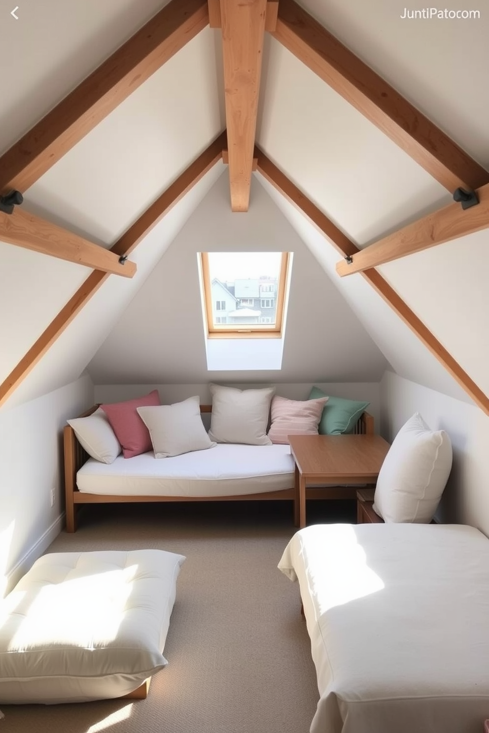 A cozy attic space designed with a daybed that serves as both a seating area and a sleeping nook. The walls are painted in a soft white, creating an airy feel, while plush cushions in pastel colors add comfort and style. Natural light floods the room through a skylight, highlighting the wooden beams that add character. A small desk is positioned beside the daybed, providing a perfect spot for reading or working.