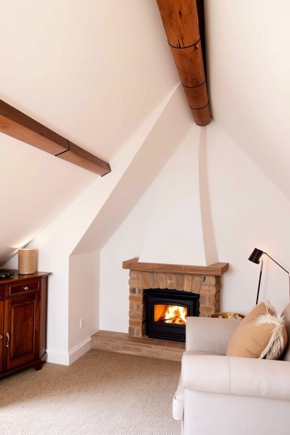 A cozy attic space featuring a small fireplace nestled into one corner, providing warmth and a focal point. The walls are painted in soft white, and the ceiling has exposed wooden beams that add character to the room. Incorporate a plush seating area with a comfortable armchair and a small side table next to the fireplace. Use layered lighting with a mix of ambient and accent lights to create a warm and inviting atmosphere.