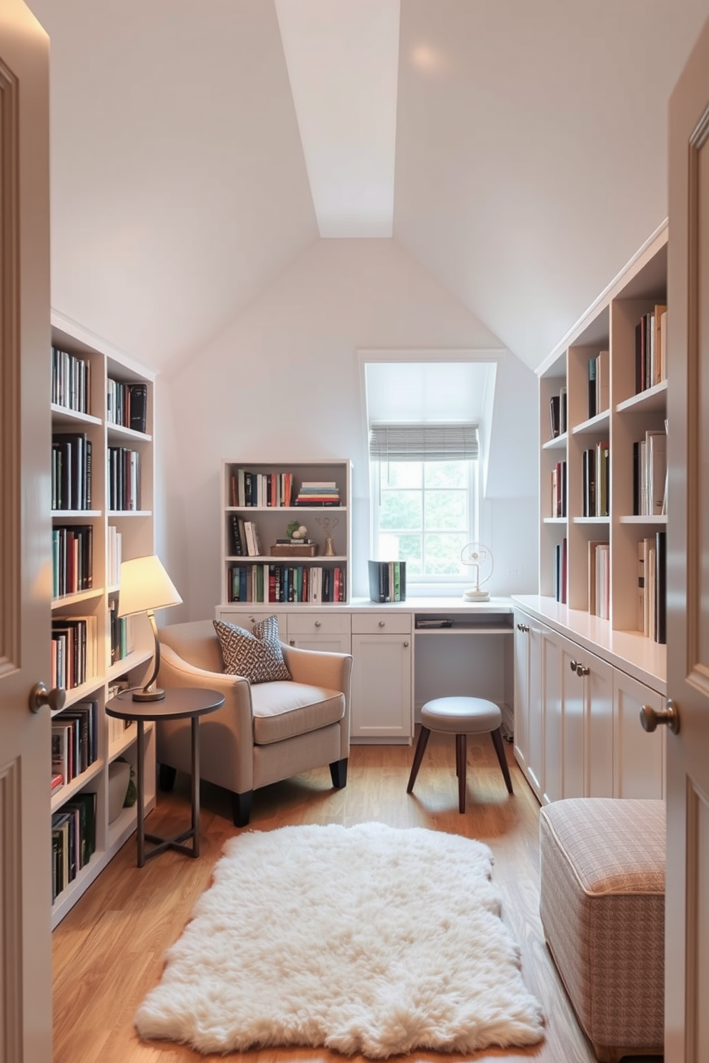 Transform a closet into a reading nook. The space features a cozy armchair upholstered in soft fabric, positioned next to a small side table with a reading lamp. Soft, warm lighting illuminates the nook, creating an inviting atmosphere. Shelves filled with books line the walls, and a plush rug adds comfort underfoot. Limited Space Attic Design Ideas. The attic is designed with sloped ceilings that maximize vertical space and features built-in storage solutions. A small desk is placed by the window, providing a perfect spot for work or study. Light-colored walls and furniture enhance the sense of openness and airiness in the room.