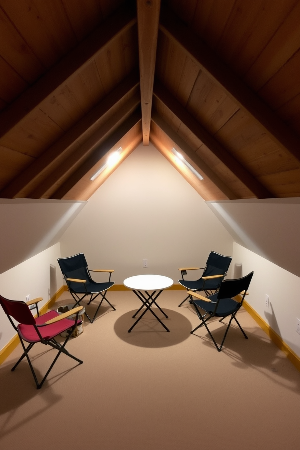 A cozy attic space designed for relaxation. The room features a sloped ceiling with exposed wooden beams and soft ambient lighting. Folding chairs are strategically placed to provide extra seating without sacrificing space. A small round table sits in the center, perfect for casual gatherings or a quiet reading nook.