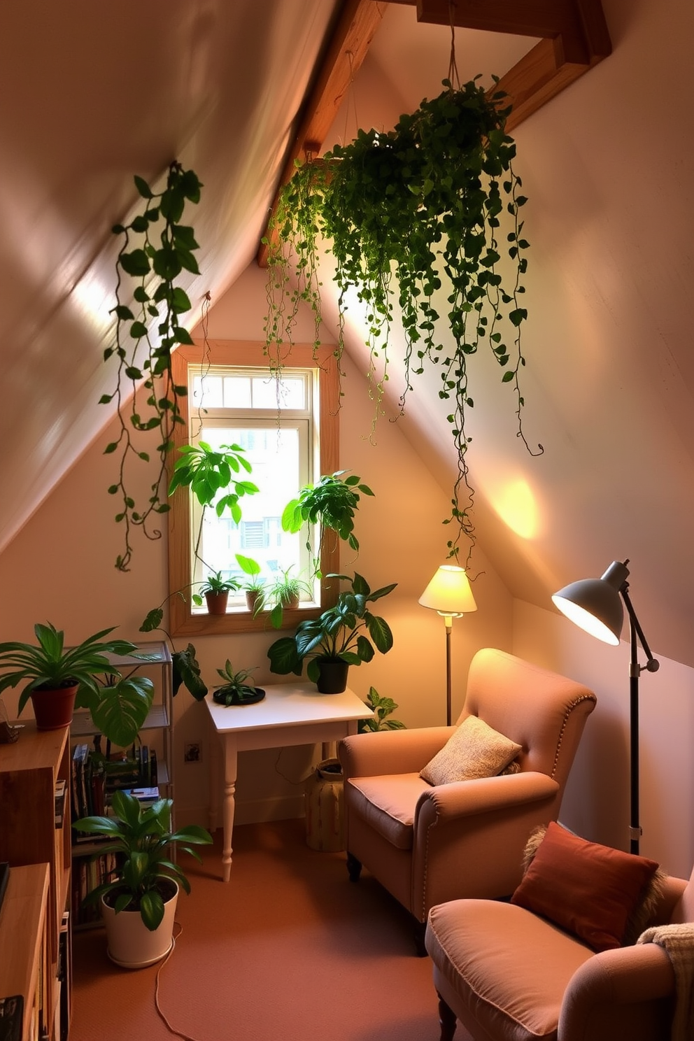 A cozy attic space with sloped ceilings and exposed wooden beams. A small desk is placed under a window, surrounded by potted plants that add a fresh vibe to the room. A comfortable reading nook features a plush armchair and a small bookshelf filled with books. Soft lighting from a floor lamp creates a warm atmosphere, while trailing plants hang from the ceiling.