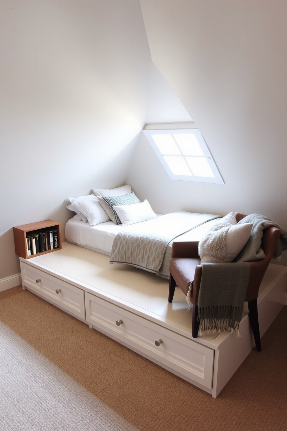 A cozy attic bedroom features an angled bed with built-in under-bed storage, maximizing the use of limited space. Soft, neutral colors adorn the walls, while a small window allows natural light to illuminate the room, creating an inviting atmosphere. A stylish reading nook is created beside the bed, with a comfortable chair and a small bookshelf. Decorative pillows and a plush throw blanket add warmth, making it a perfect spot for relaxation.