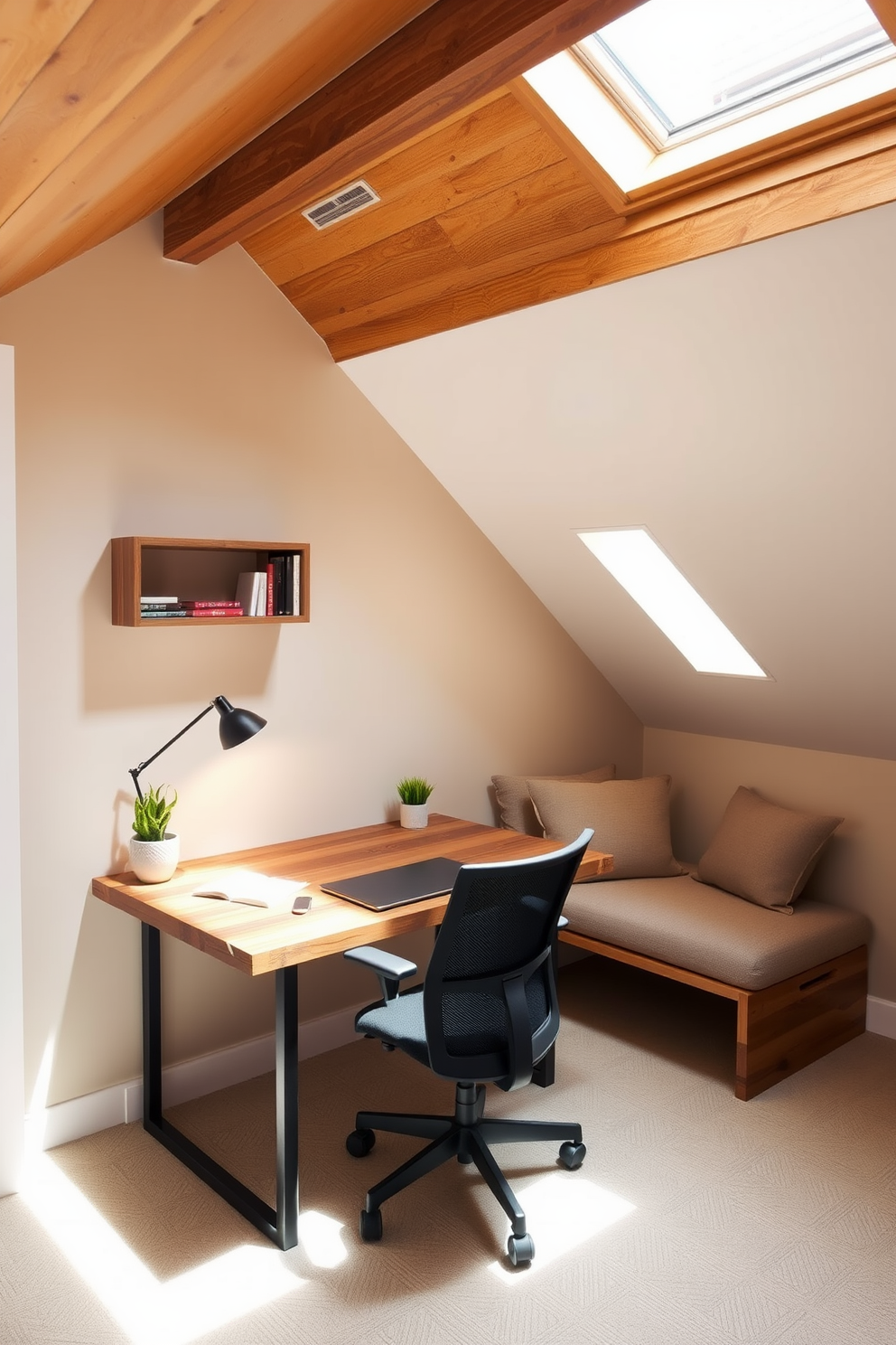 Design a small home office with style. The room features a sleek desk made of reclaimed wood paired with a comfortable ergonomic chair. Natural light floods in through a skylight, illuminating the space and highlighting the warm tones of the wooden beams. A wall-mounted shelf holds books and decorative items, while a potted plant adds a touch of greenery. Limited space attic design ideas. The area is transformed into a cozy reading nook with a built-in bench and plush cushions. Soft ambient lighting creates a warm atmosphere, while a small desk tucked under the eaves provides a perfect spot for work or creative projects.