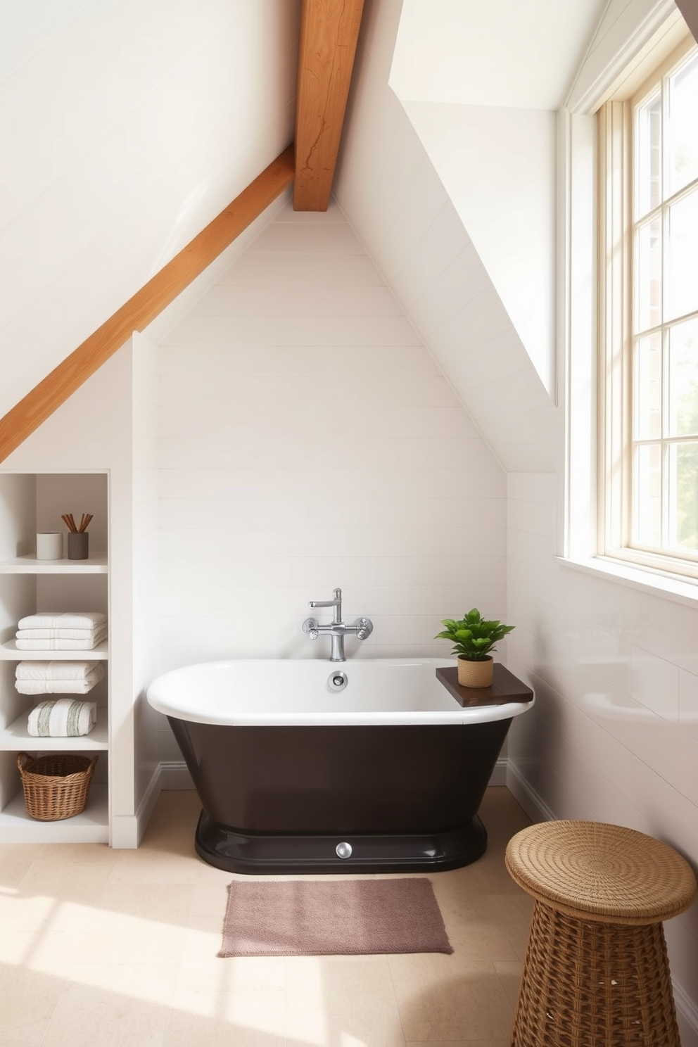 A freestanding tub is positioned elegantly in the corner of a small bathroom. The tub is surrounded by soft white shiplap walls and a large window that allows natural light to flood the space. The limited space is optimized with built-in shelves that display neatly folded towels and decorative items. A small potted plant sits on the edge of the tub, adding a touch of greenery to the serene atmosphere. Attic design ideas feature sloped ceilings that create a cozy yet stylish environment. A combination of soft lighting and warm wooden beams enhances the charm of the space, making it feel inviting and functional.