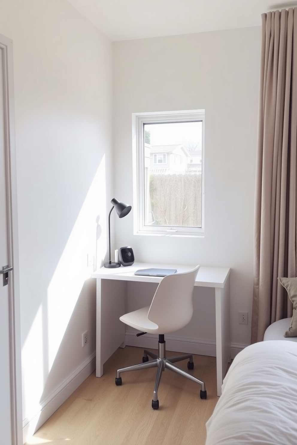 A compact desk is positioned in a cozy corner workspace, maximizing the use of limited space. The desk features clean lines and a minimalist design, paired with a comfortable chair that complements the overall aesthetic. The walls are painted in a soft, neutral tone to enhance the feeling of openness. Natural light streams in from a nearby window, illuminating the space and creating an inviting atmosphere.