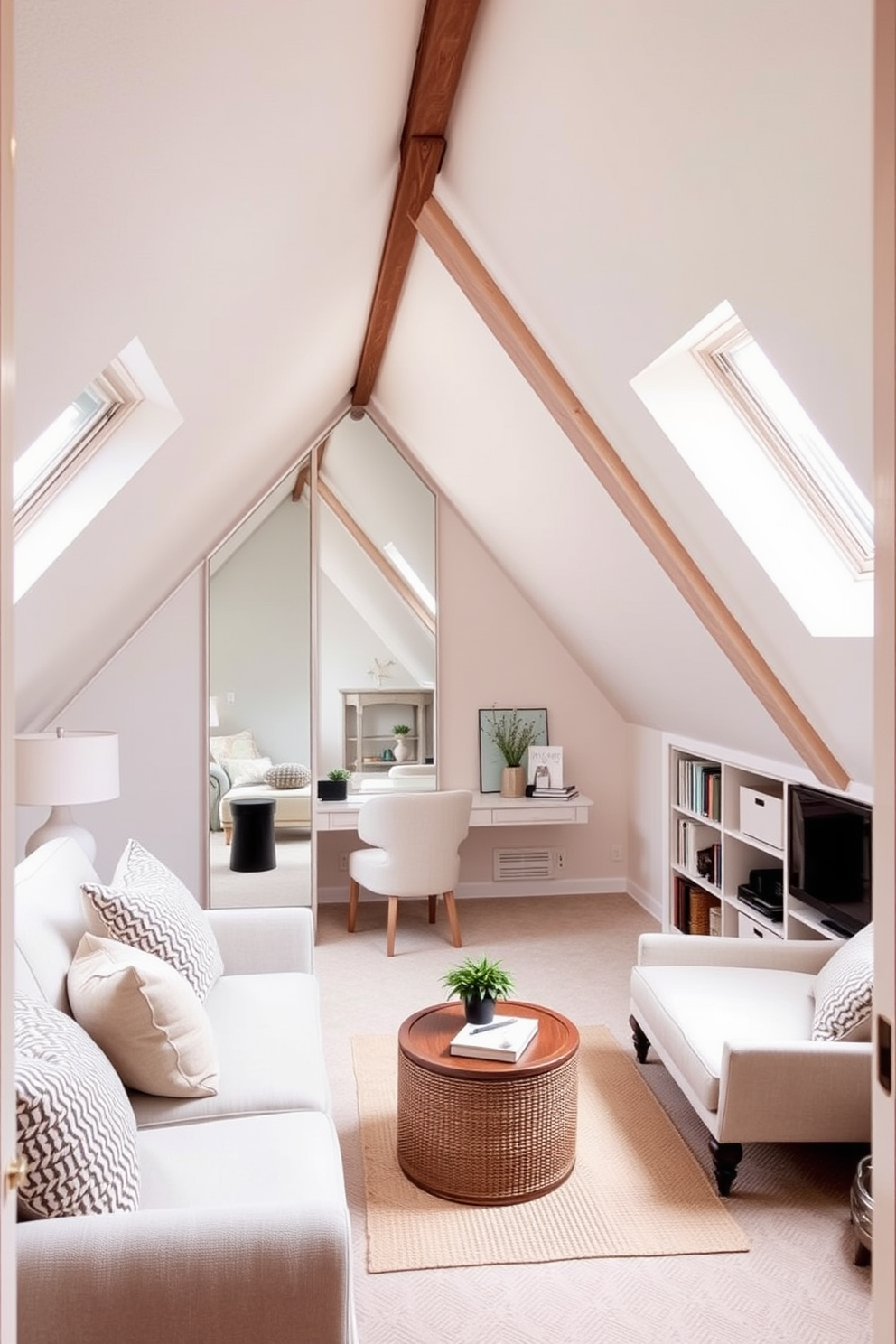 A cozy attic retreat with sloped ceilings and large windows that let in natural light. Utilize strategically placed mirrors to enhance the sense of depth and space, making the area feel more expansive. Incorporate built-in shelving along the walls to maximize storage without overwhelming the space. Soft, neutral tones on the walls and furnishings create a serene environment, perfect for relaxation and creativity.