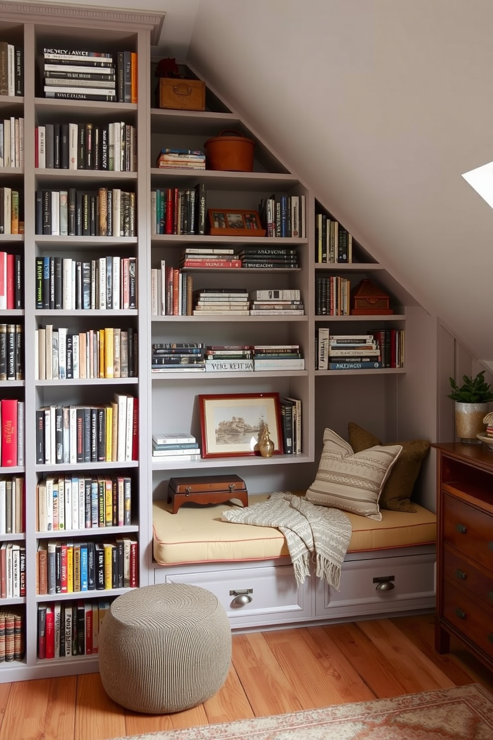 Vertical storage solutions for maximizing space. Think of tall shelving units that reach the ceiling, filled with neatly arranged books and decorative boxes. Limited space attic design ideas. Imagine a cozy reading nook with a built-in bench under a sloped ceiling, complemented by soft lighting and warm textiles.