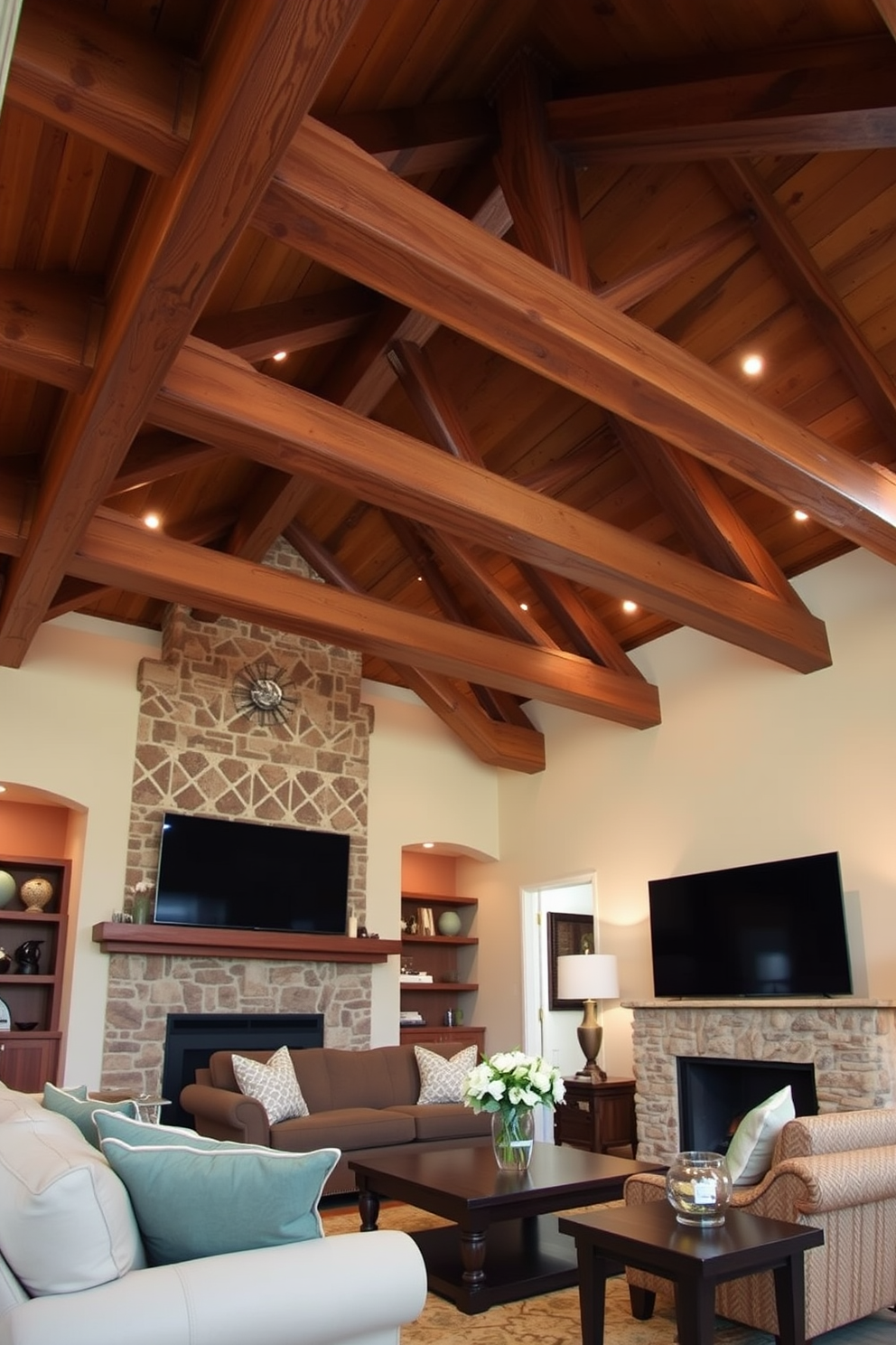 A cozy living room features an exposed wood beam ceiling that adds warmth and character to the space. Soft, ambient lighting highlights the natural texture of the beams, creating an inviting atmosphere for relaxation and gatherings.