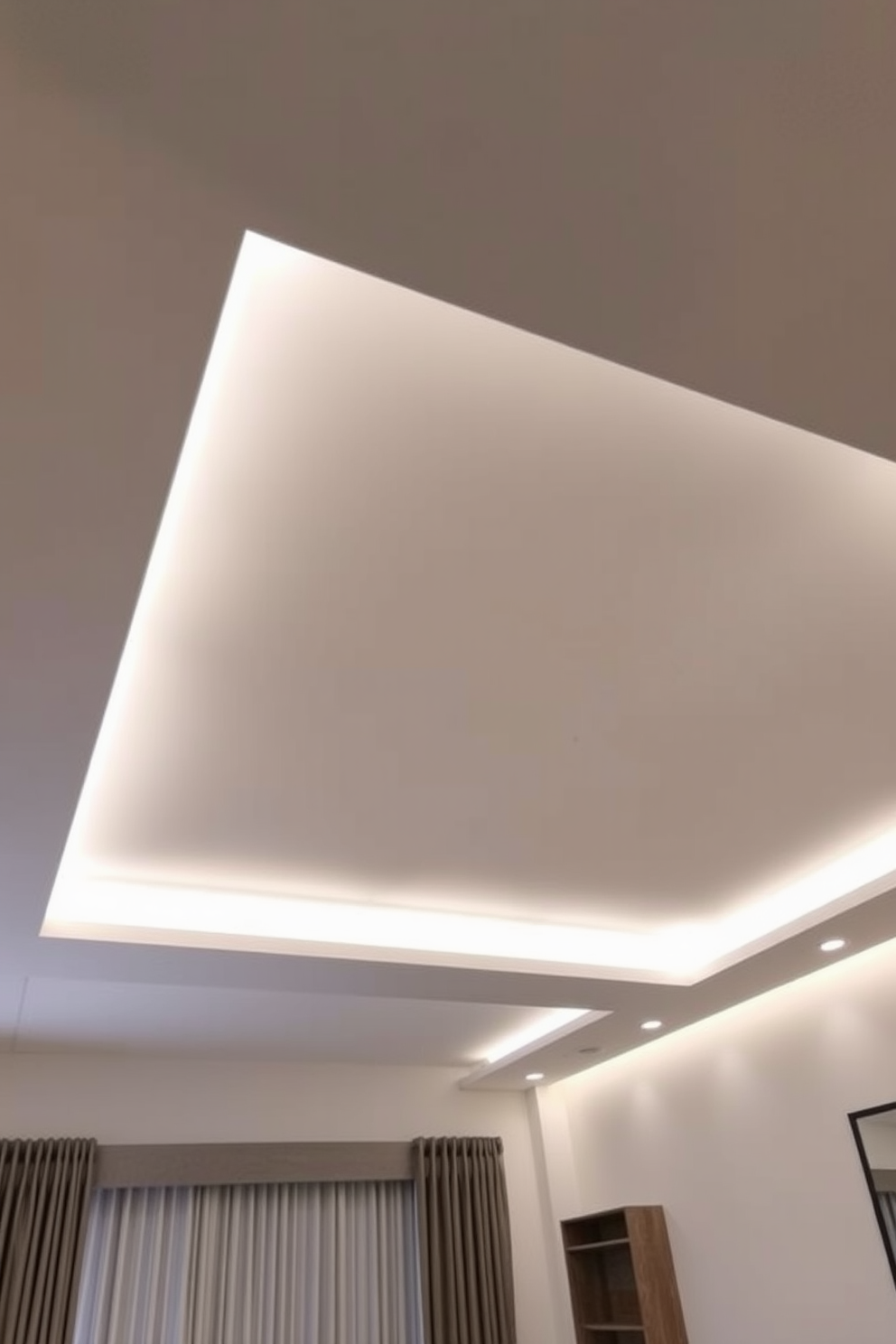 A contemporary drop ceiling features sleek lines and integrated LED strips that provide ambient lighting throughout the space. The ceiling design creates a modern aesthetic that enhances the overall atmosphere of the living room.