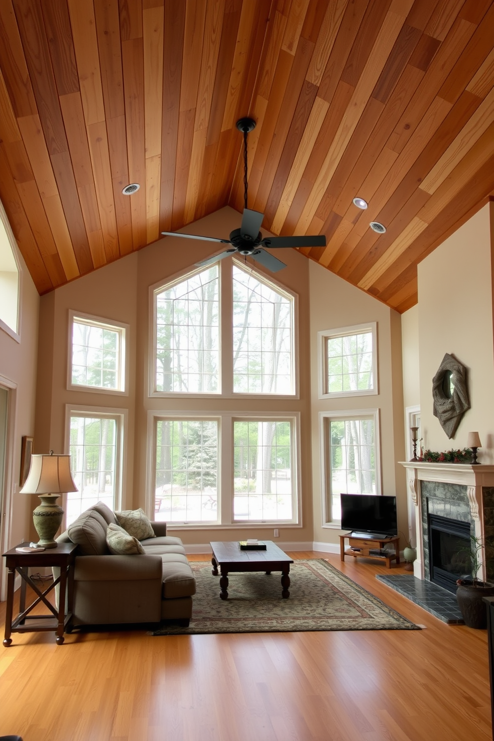 A cozy living room featuring natural wood planks on the ceiling to create a warm and inviting atmosphere. The walls are painted in a soft beige color, and large windows allow plenty of natural light to fill the space.