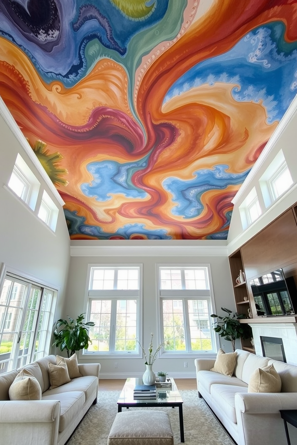 Artistic mural ceiling for a unique touch. The ceiling features a vibrant hand-painted design that draws the eye upward and adds depth to the space. The living room is filled with natural light from large windows that enhance the colors of the mural. Plush furniture in neutral tones complements the artistic ceiling, creating a harmonious and inviting atmosphere.