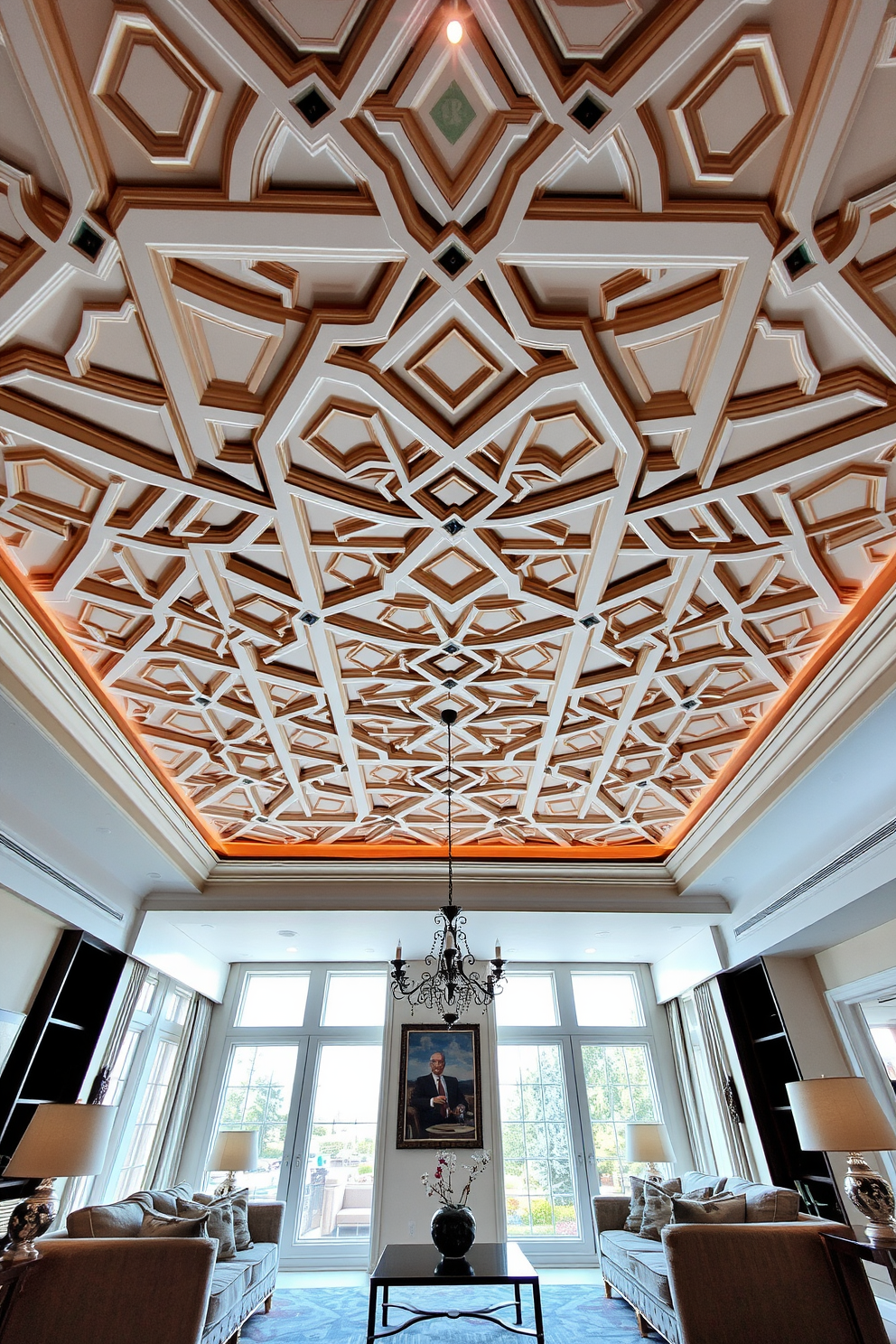 A stunning living room featuring a ceiling adorned with intricate geometric patterns that create a dynamic visual effect. The patterns are painted in a harmonious palette of soft blues and whites, enhancing the room's airy atmosphere. Beneath the ceiling, a spacious seating area is arranged with plush sofas and a stylish coffee table. Large windows allow natural light to flood the space, highlighting the unique ceiling design and inviting a sense of warmth and comfort.