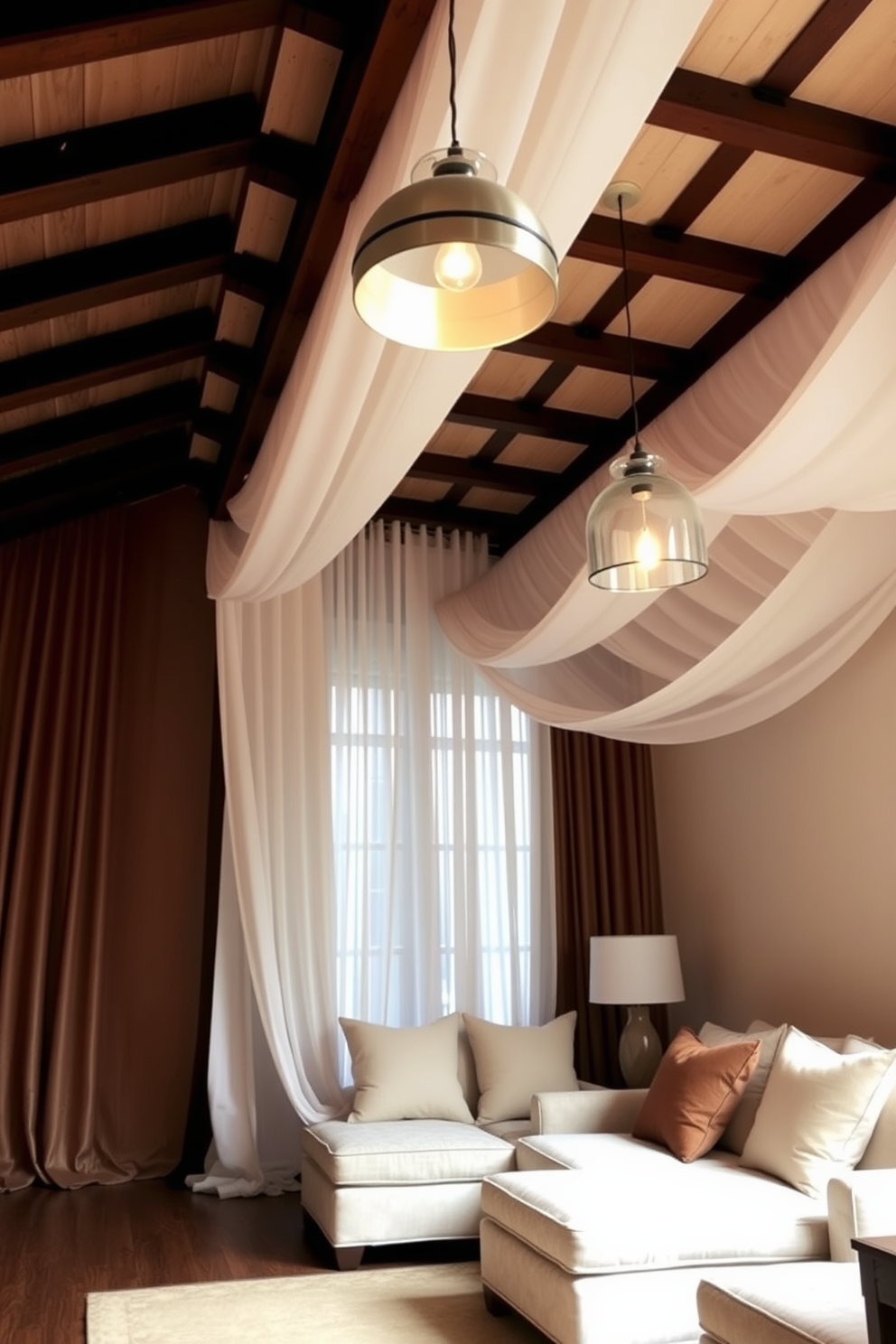 A cozy living room featuring soft fabric draping that creates a warm and inviting atmosphere. The ceiling is adorned with a unique design, incorporating wooden beams and elegant pendant lights that enhance the overall aesthetic.