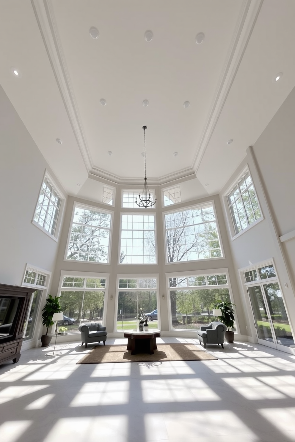 Bright white ceiling to enhance natural light. A spacious living room with large windows allowing sunlight to flood the space. The ceiling features elegant crown molding that adds a touch of sophistication. Soft recessed lighting complements the natural light, creating a warm and inviting atmosphere.