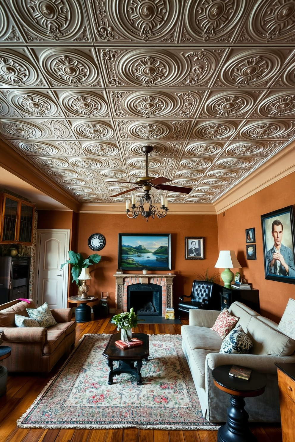 A vintage living room featuring tin ceiling tiles that evoke a retro aesthetic. The warm tones of the room are complemented by plush furniture and eclectic decor.