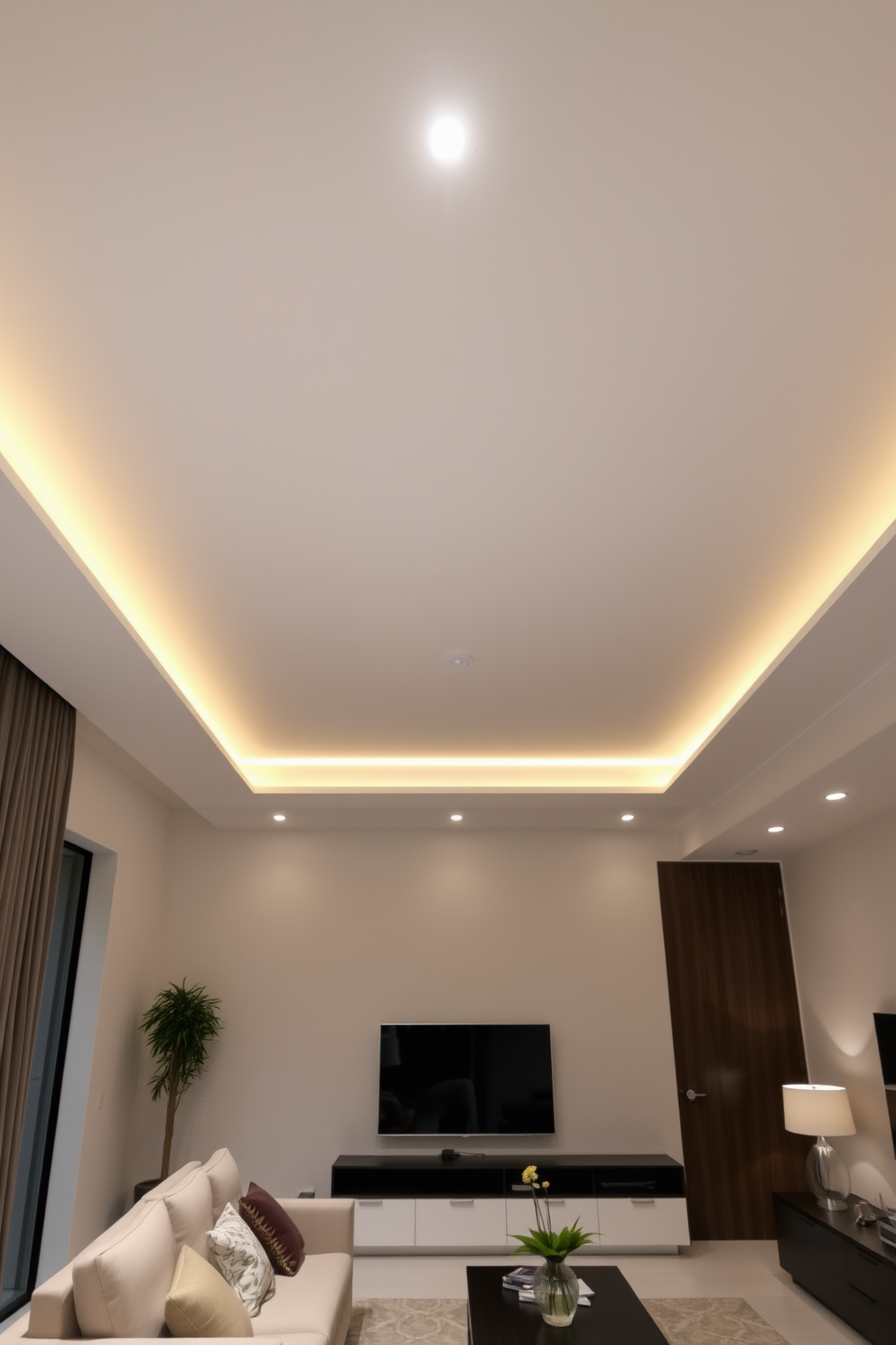 A minimalist flat ceiling features a clean, smooth surface with subtle recessed lighting that creates a warm ambiance. The ceiling design emphasizes simplicity and elegance, allowing the furnishings and decor in the living room to take center stage.