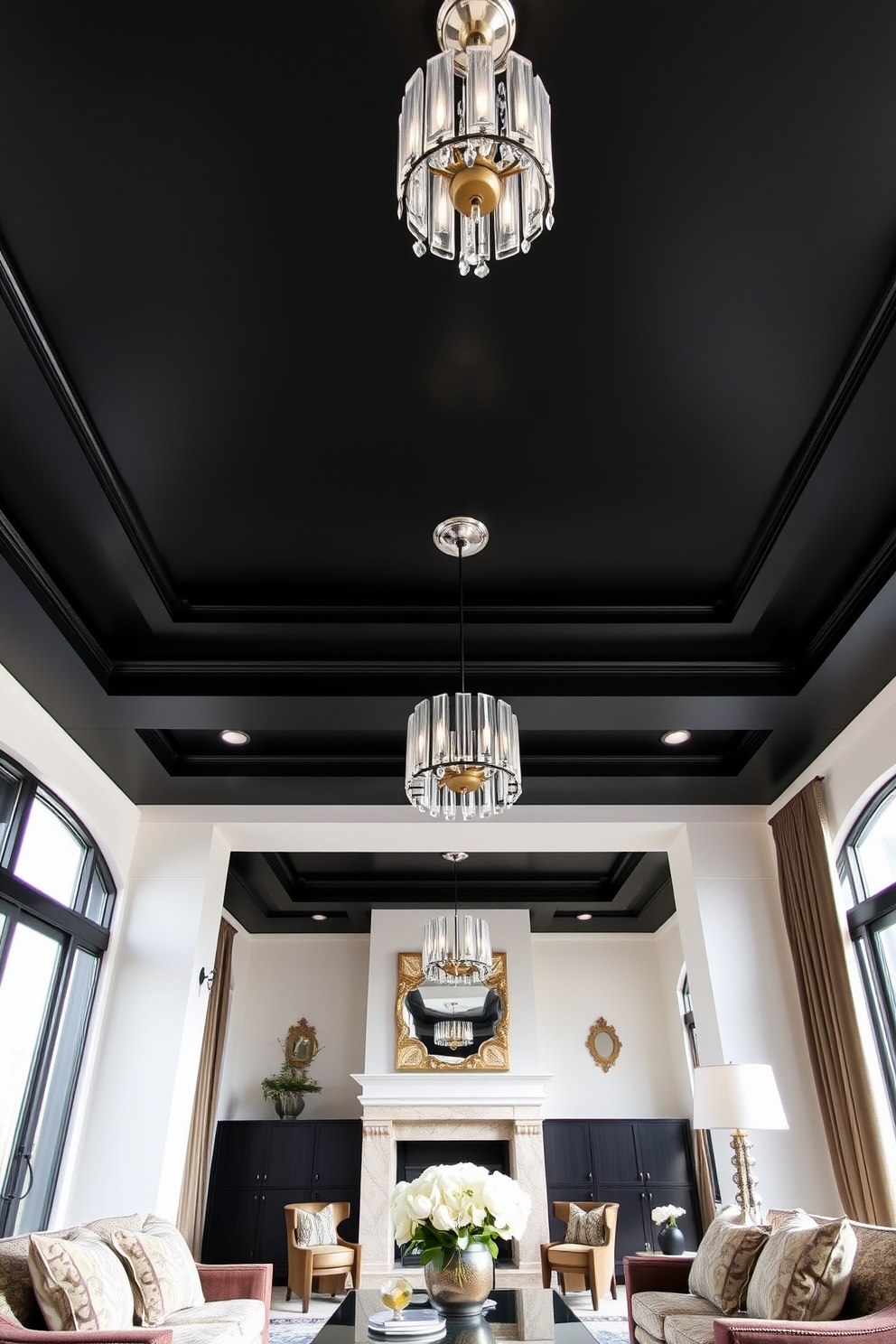 A bold black ceiling creates a dramatic contrast against the light walls of the living room. The space is adorned with elegant light fixtures that draw attention to the unique ceiling design while enhancing the overall ambiance. Luxurious furnishings in rich textures complement the striking ceiling, inviting comfort and sophistication. Large windows allow natural light to flood the room, highlighting the interplay between the dark ceiling and the bright decor.