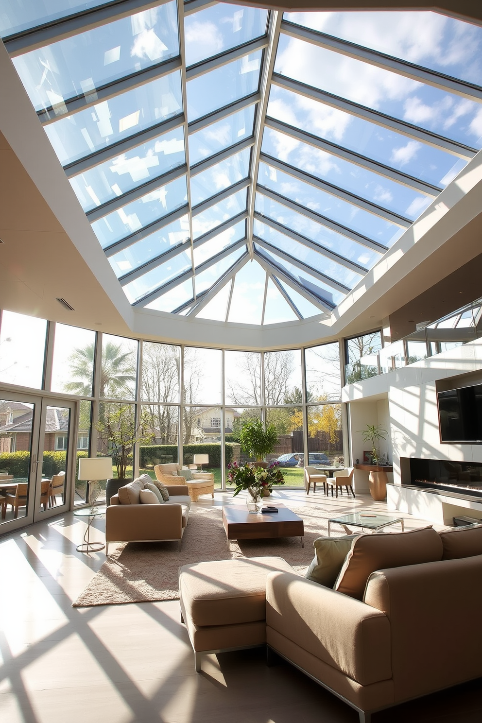 A spacious living room featuring elegant glass ceiling panels that allow natural light to flood the space. The room is adorned with modern furniture, creating a harmonious blend of comfort and style.