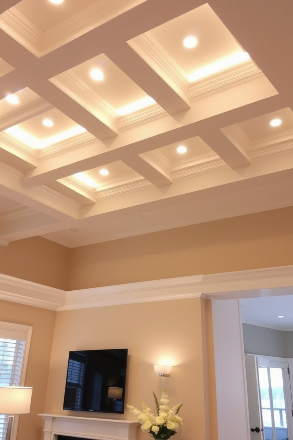 A sleek coffered ceiling features recessed lighting that creates a warm and inviting atmosphere. The design incorporates clean lines and a modern aesthetic, enhancing the overall elegance of the living room.