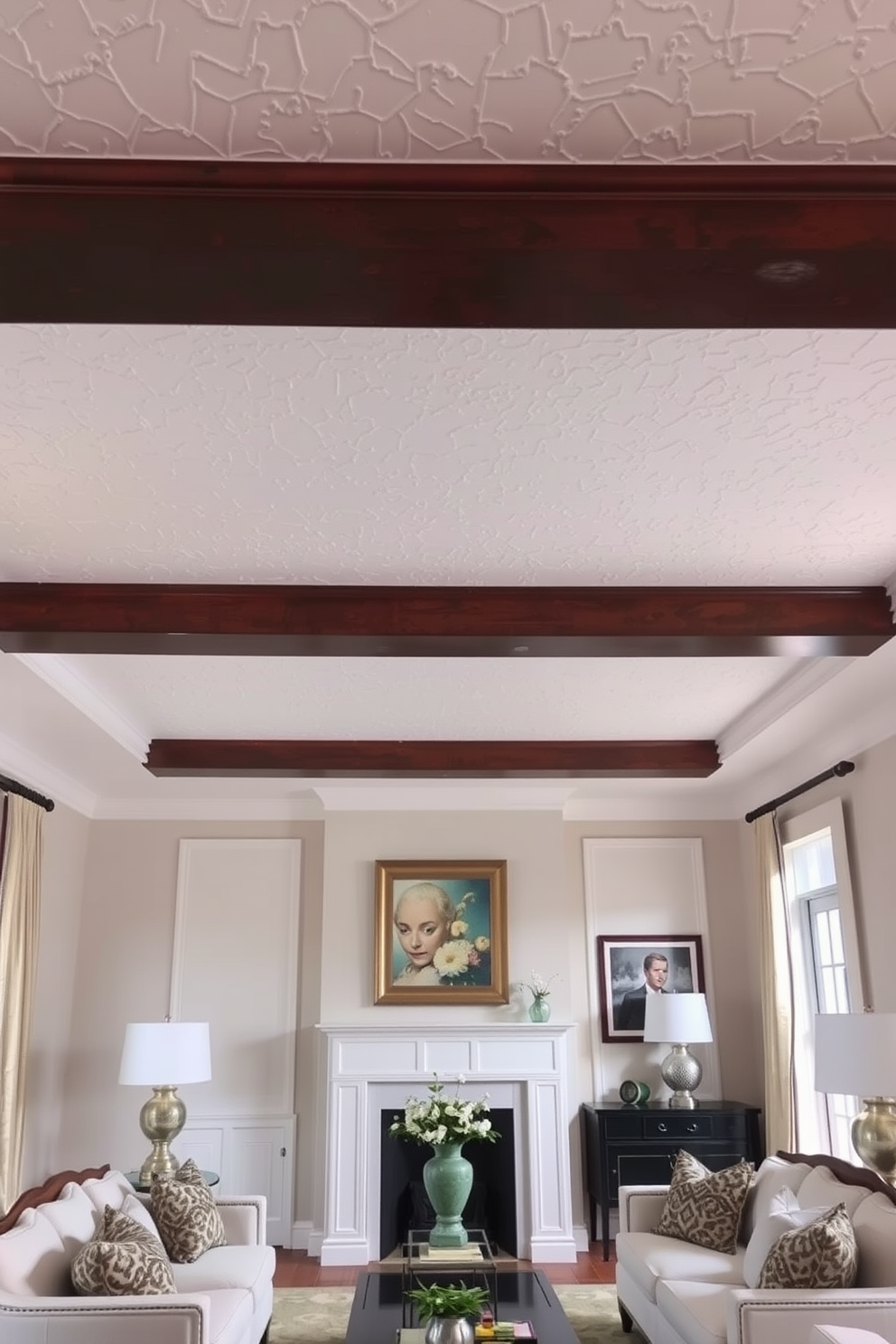 A living room featuring a textured plaster ceiling that adds depth and interest to the space. The ceiling is painted in a soft white color to enhance the room's brightness and complement the elegant furnishings below.