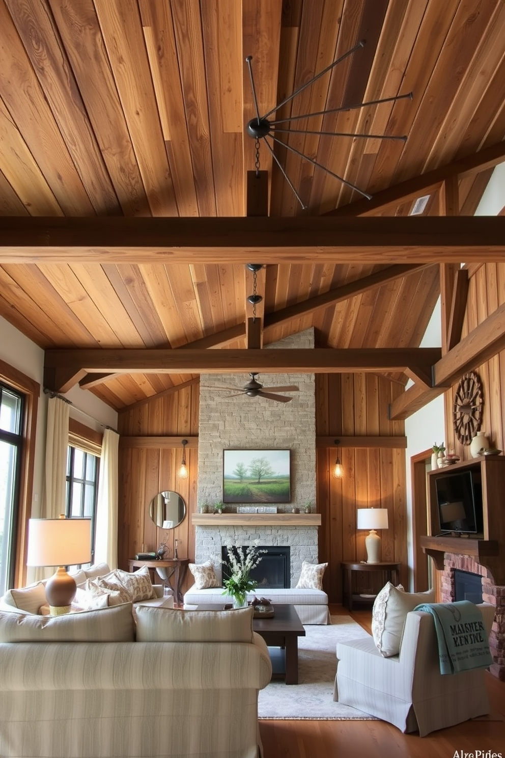 A rustic barn wood ceiling creates a warm and inviting atmosphere in the living room. The natural texture of the wood adds character and charm, complementing cozy furniture and soft lighting. Incorporate exposed beams to enhance the rustic feel while allowing for an open and airy space. The warm tones of the wood harmonize beautifully with earthy color palettes and comfortable textiles.