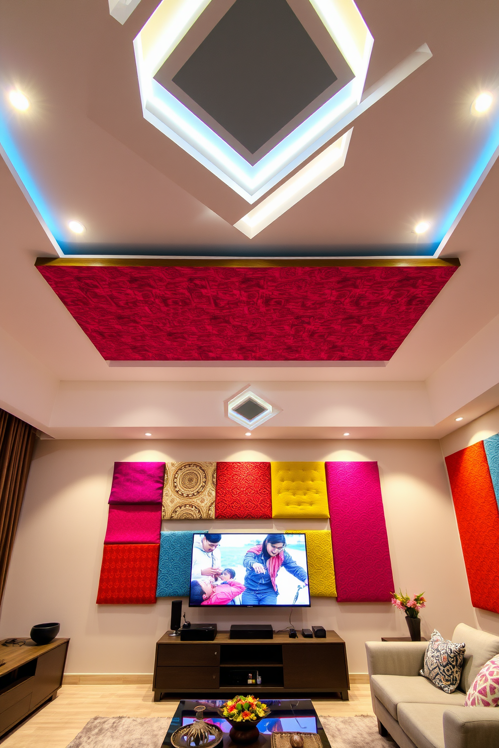 Colorful acoustic panels are installed on the walls of a modern living room, enhancing both aesthetics and sound absorption. The panels feature a variety of vibrant patterns and colors, creating a lively atmosphere while effectively reducing noise. The ceiling design incorporates a unique geometric pattern with recessed lighting, adding depth and character to the space. Soft, ambient lighting highlights the acoustic panels, creating a warm and inviting environment perfect for relaxation and entertainment.