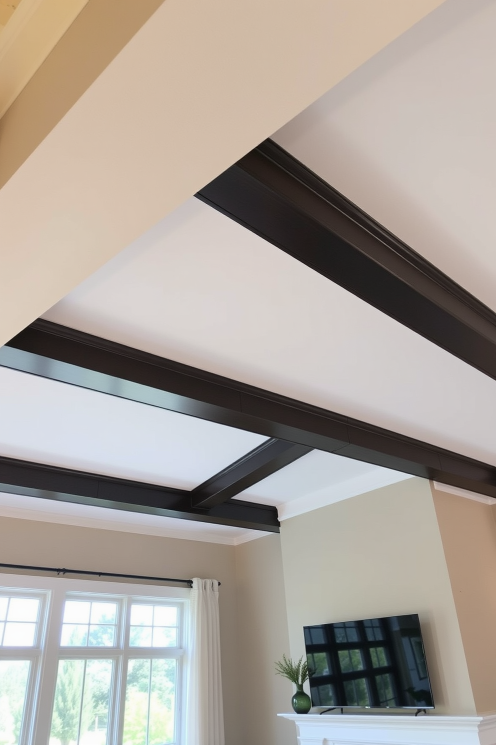 A stunning living room ceiling design featuring decorative beams painted in contrasting colors. The beams create a striking visual impact against a soft, neutral ceiling, enhancing the overall elegance of the space.