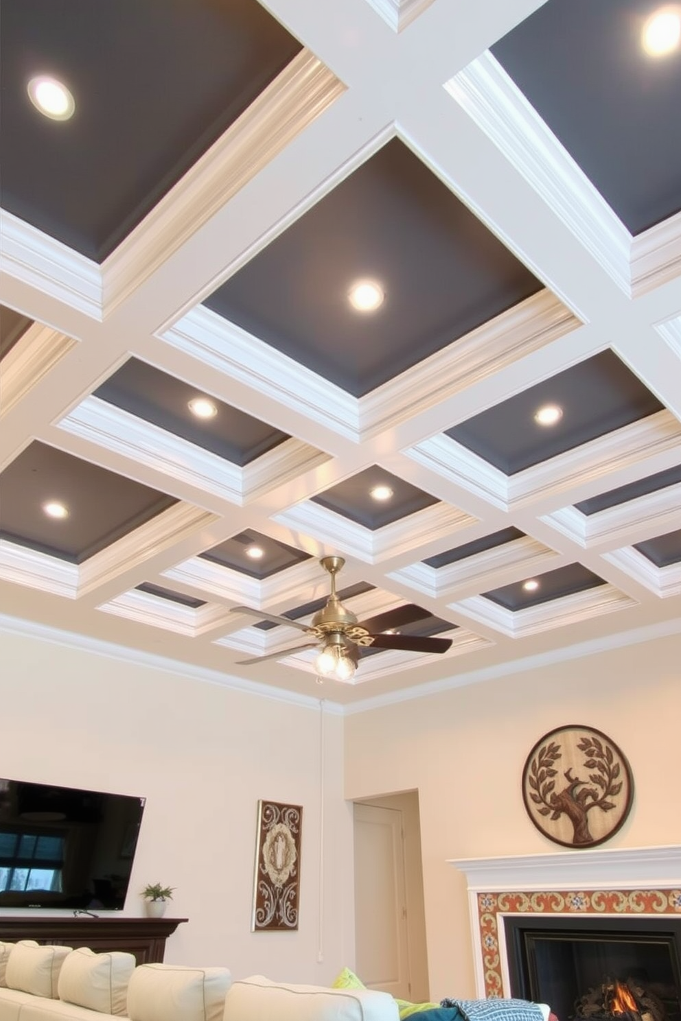 A layered ceiling design that adds visual depth to the living room. The ceiling features a combination of recessed lighting and decorative beams that create an inviting atmosphere.