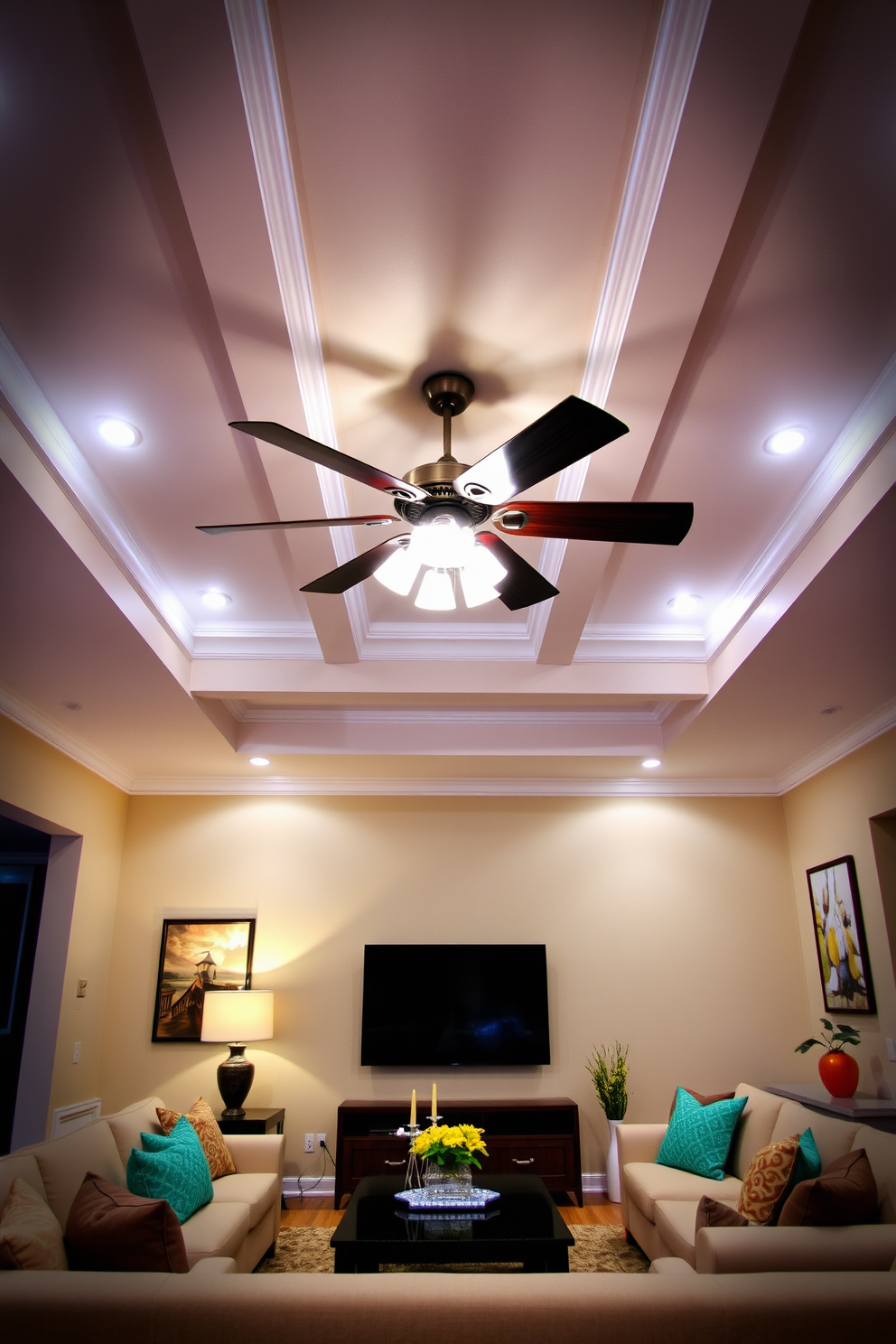 A contemporary living room features a stylish integrated ceiling fan that complements the modern decor. The ceiling showcases a coffered design with soft recessed lighting, enhancing the room's ambiance. The color palette includes warm neutrals with pops of vibrant accents, creating an inviting atmosphere. Plush seating arrangements are strategically placed to encourage conversation, while the ceiling fan circulates air for comfort.