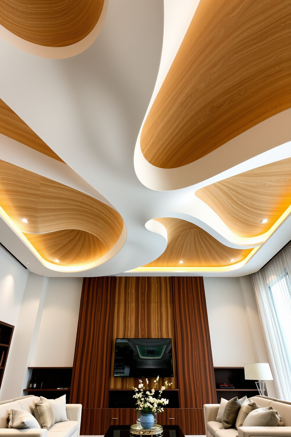 A sculptural ceiling design that captivates the eye with its intricate curves and layered textures. The ceiling features a combination of soft white and warm wood tones, creating a harmonious balance in the living room. The artistic appeal is enhanced by strategically placed recessed lighting that highlights the ceiling's unique features. Plush furnishings in neutral tones complete the space, inviting comfort and elegance.