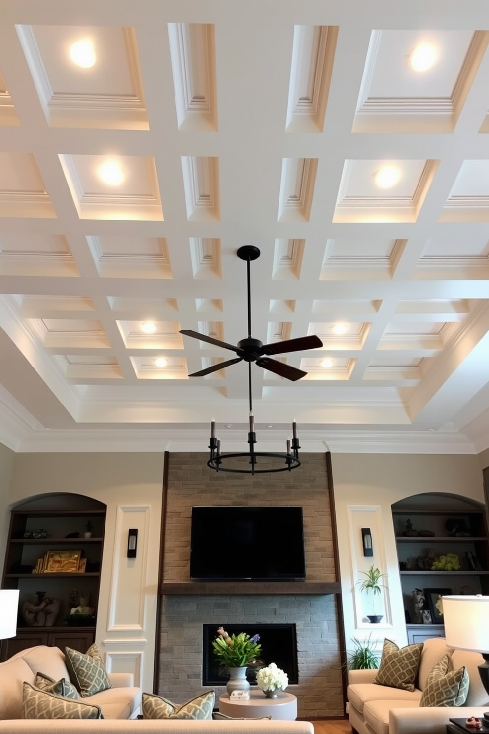 A softly lit coffered ceiling enhances the warmth of the living room creating an inviting atmosphere. The intricate design features recessed lighting that highlights the architectural details while providing a cozy glow.