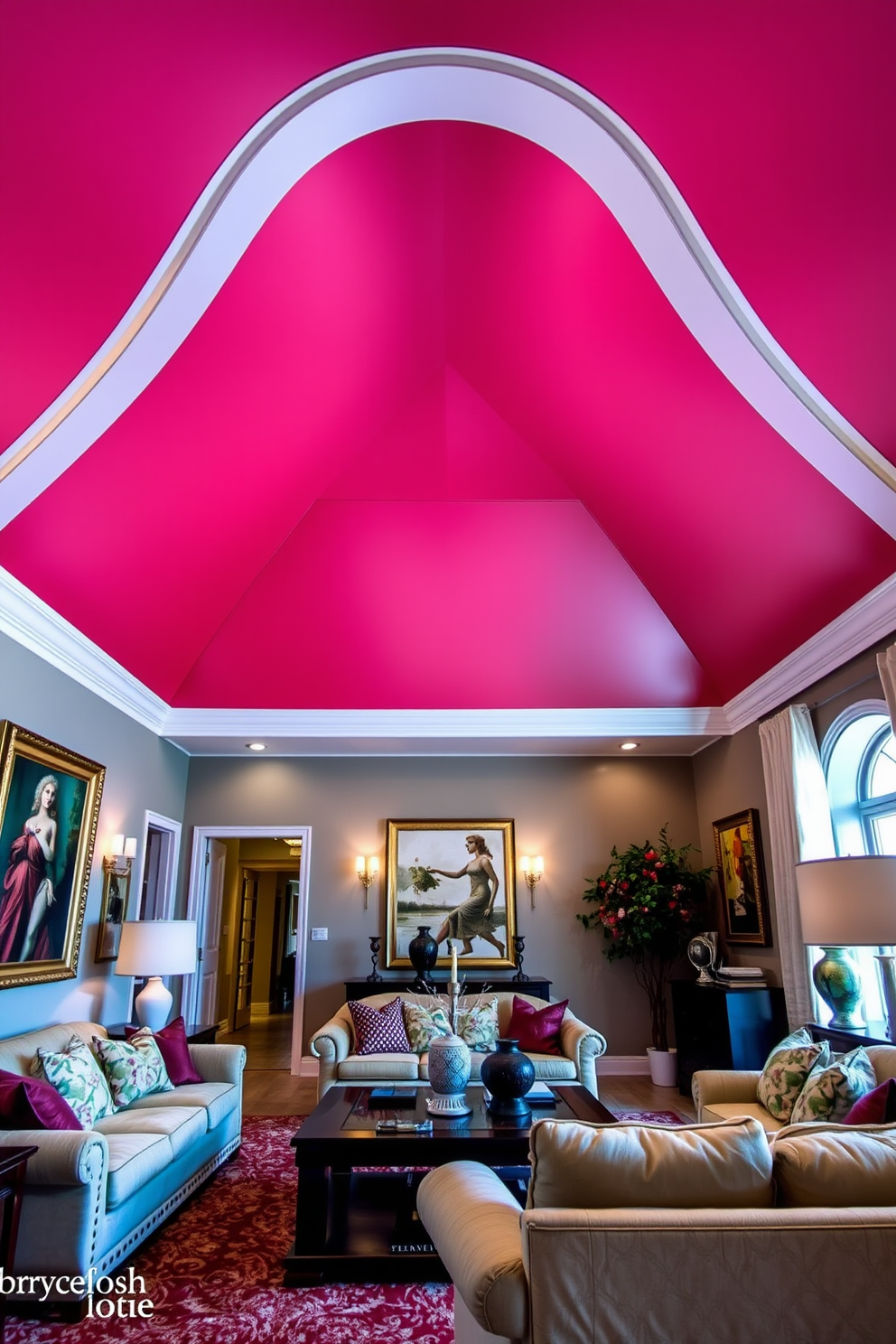 A stunning living room featuring a bold painted ceiling in a vibrant color that draws the eye upward. The walls are adorned with elegant artwork, and plush furniture is arranged to create a cozy yet stylish atmosphere. The ceiling serves as a focal point, enhancing the overall design with its striking hue. Soft lighting fixtures are strategically placed to highlight the ceiling while providing warmth to the space.