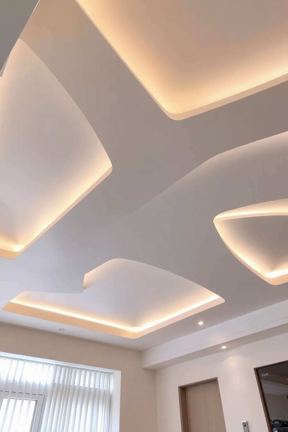 Stylish ceiling tiles for a modern look. The living room features sleek, geometric ceiling tiles in a soft white finish, creating a clean and contemporary aesthetic. The tiles are arranged in a dynamic pattern that draws the eye upward, enhancing the sense of space. Ambient lighting is integrated into the design, casting a warm glow that highlights the texture and depth of the ceiling.