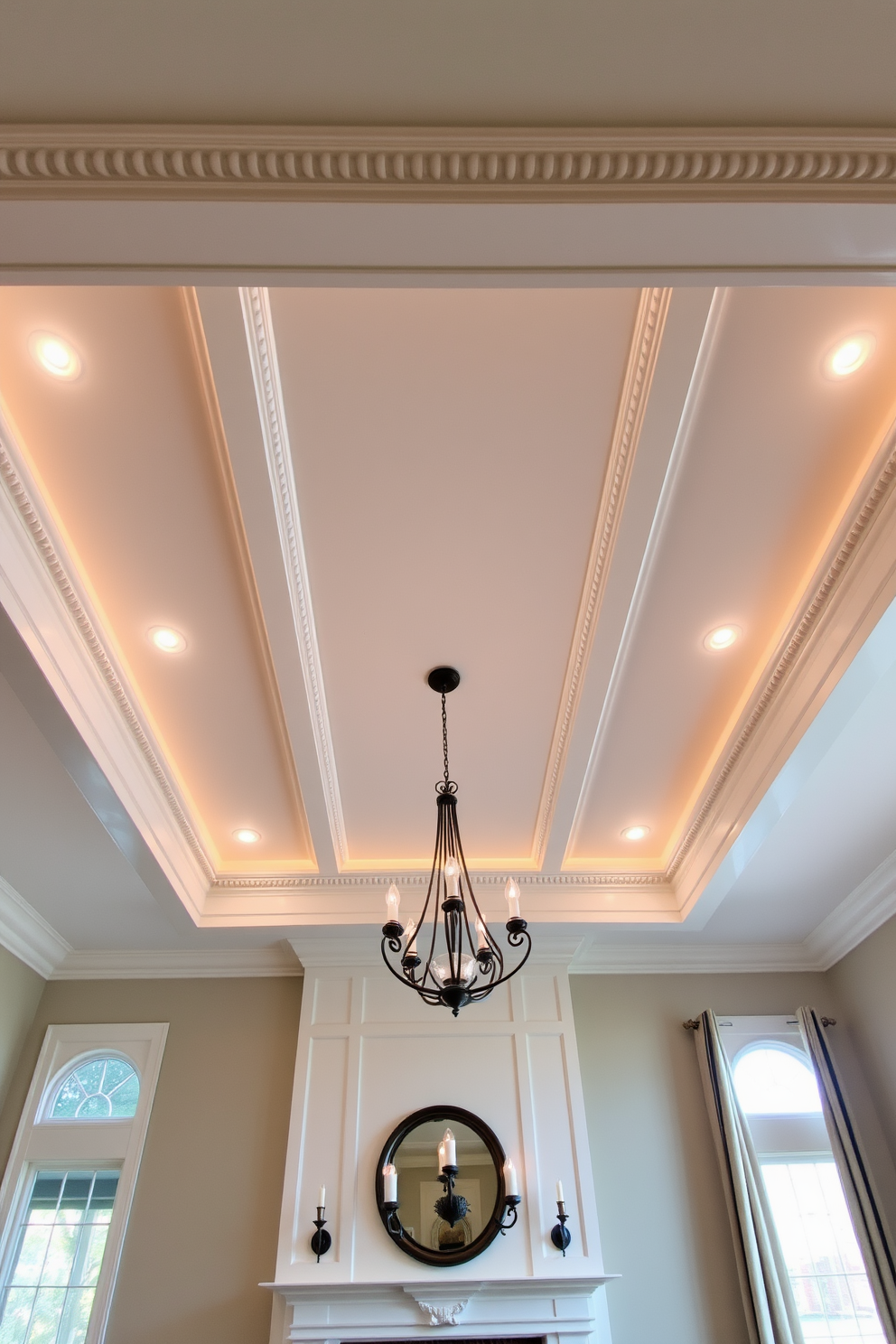 An elegant living room features a stunning tray ceiling adorned with intricate crown molding. Soft ambient lighting highlights the architectural details, creating a warm and inviting atmosphere.