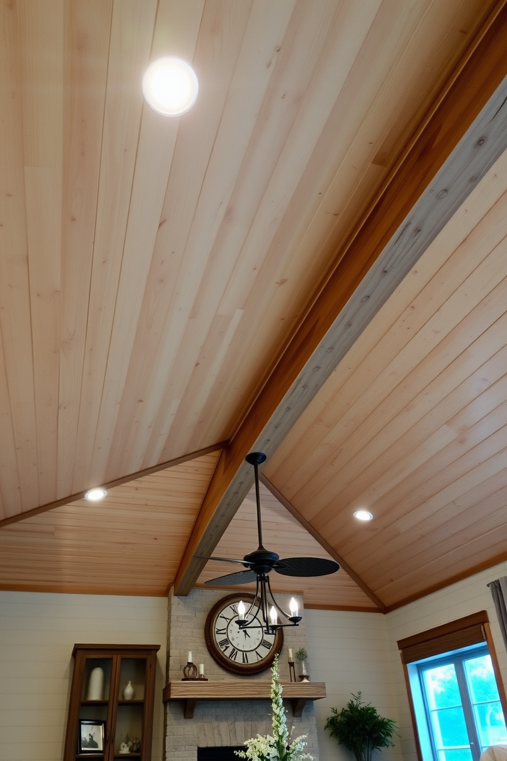 A rustic shiplap ceiling adds warmth and character to a farmhouse-style living room. The natural wood tones create a cozy atmosphere while complementing other rustic elements in the space. The ceiling features exposed beams that enhance the charming aesthetic and provide visual interest. Soft, ambient lighting fixtures are strategically placed to highlight the shiplap texture and create a welcoming glow.