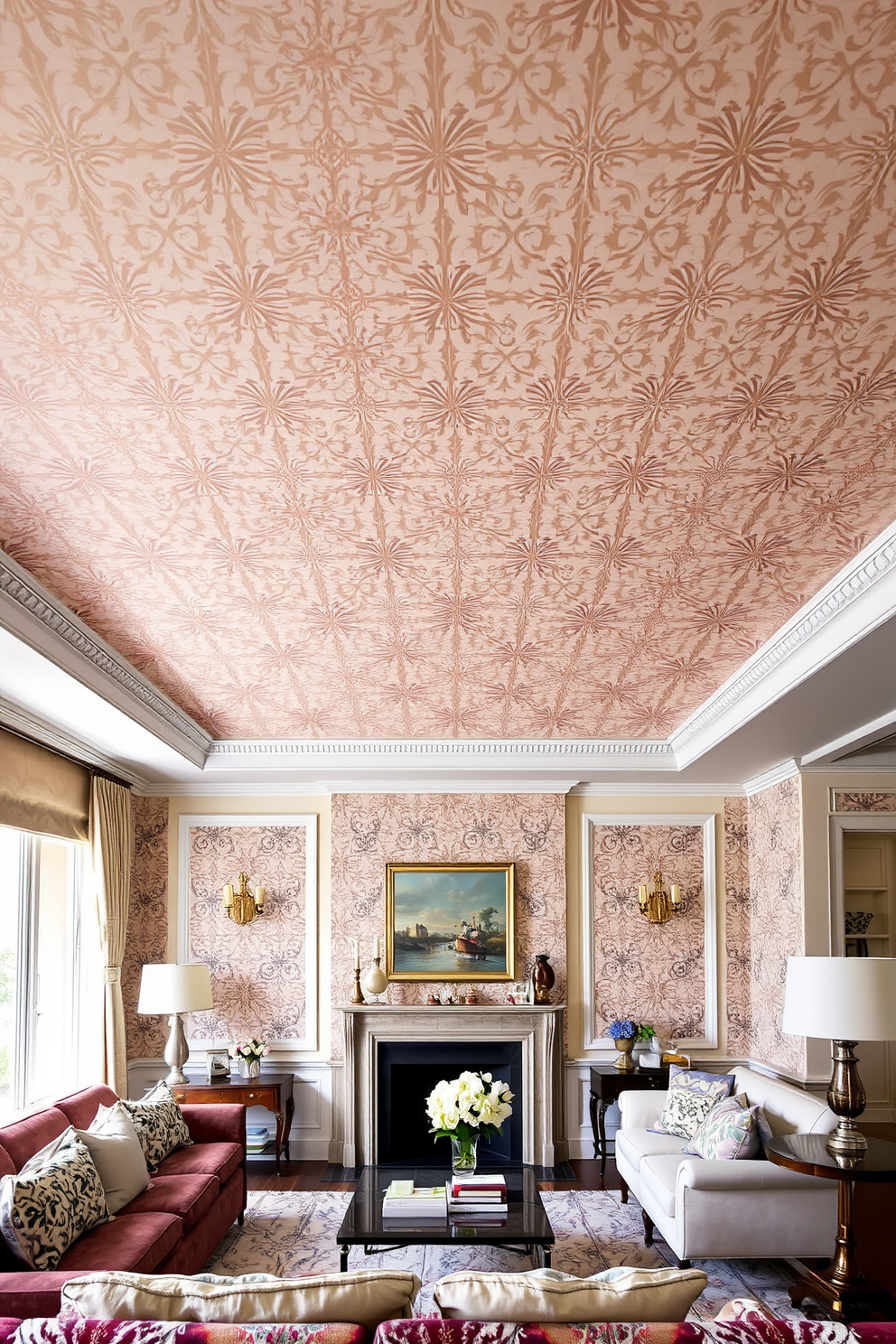 A stylish wallpapered ceiling adds a unique texture to the living room, creating a focal point that enhances the overall design. The wallpaper features an intricate pattern that complements the room's color palette and furnishings, making the space feel inviting and elegant.