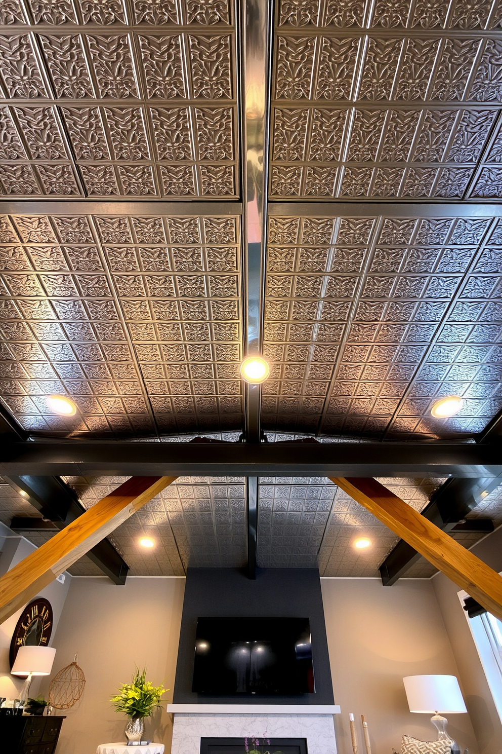 Modern metal ceiling tiles create an industrial flair that adds character to any living room. The sleek, reflective surface enhances the space, making it feel more open and contemporary. Incorporating exposed beams complements the metal tiles, creating a striking contrast. Soft ambient lighting fixtures can be installed to highlight the ceiling design and provide a warm atmosphere.