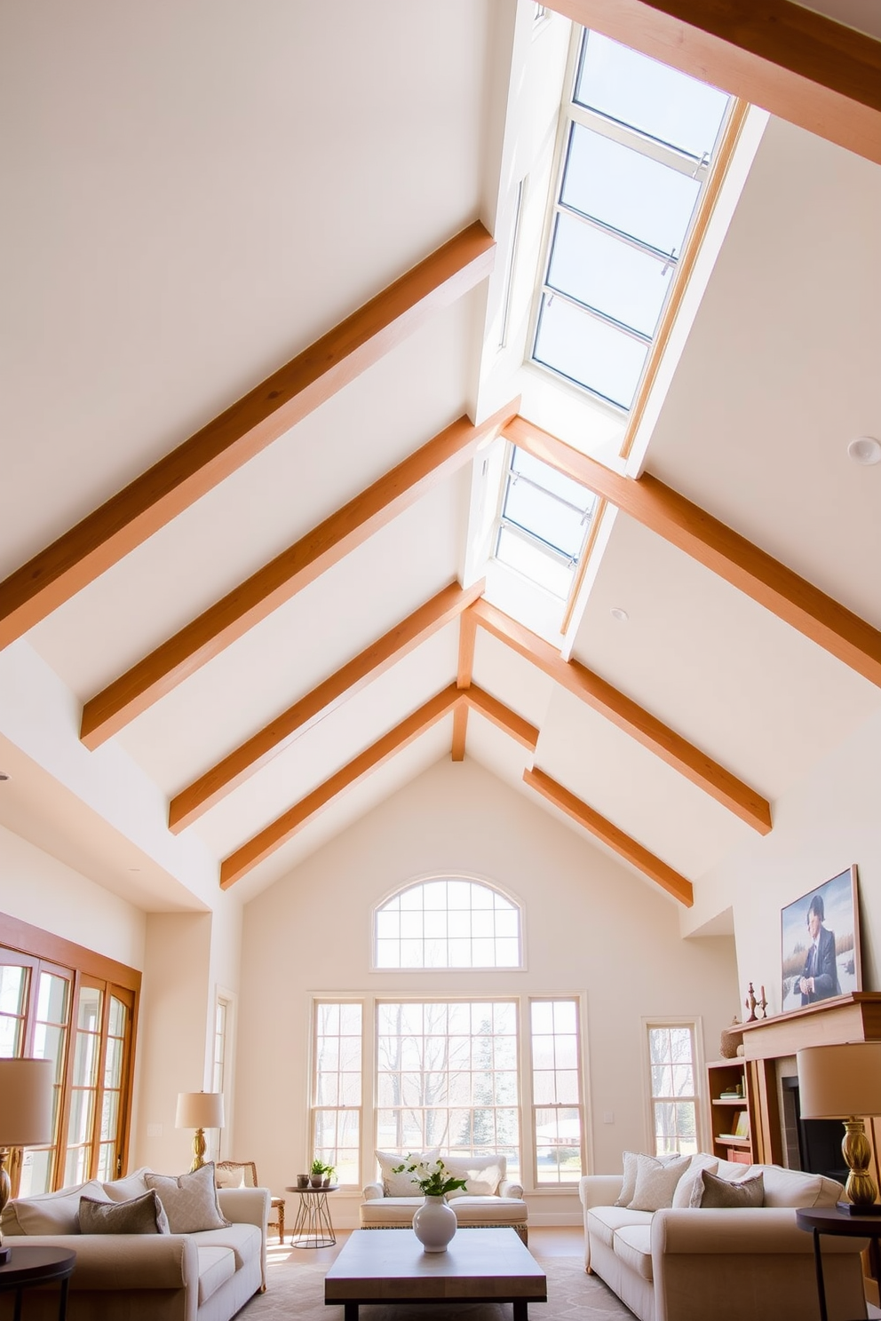 A classic vaulted ceiling with skylights creates an airy and spacious ambiance in the living room. The beams are finished in a warm wood tone, complementing the soft neutral color palette of the walls. Large windows flanking the skylights allow natural light to flood the space, enhancing the overall brightness. A cozy seating arrangement with plush sofas and a statement coffee table sits beneath this stunning ceiling.