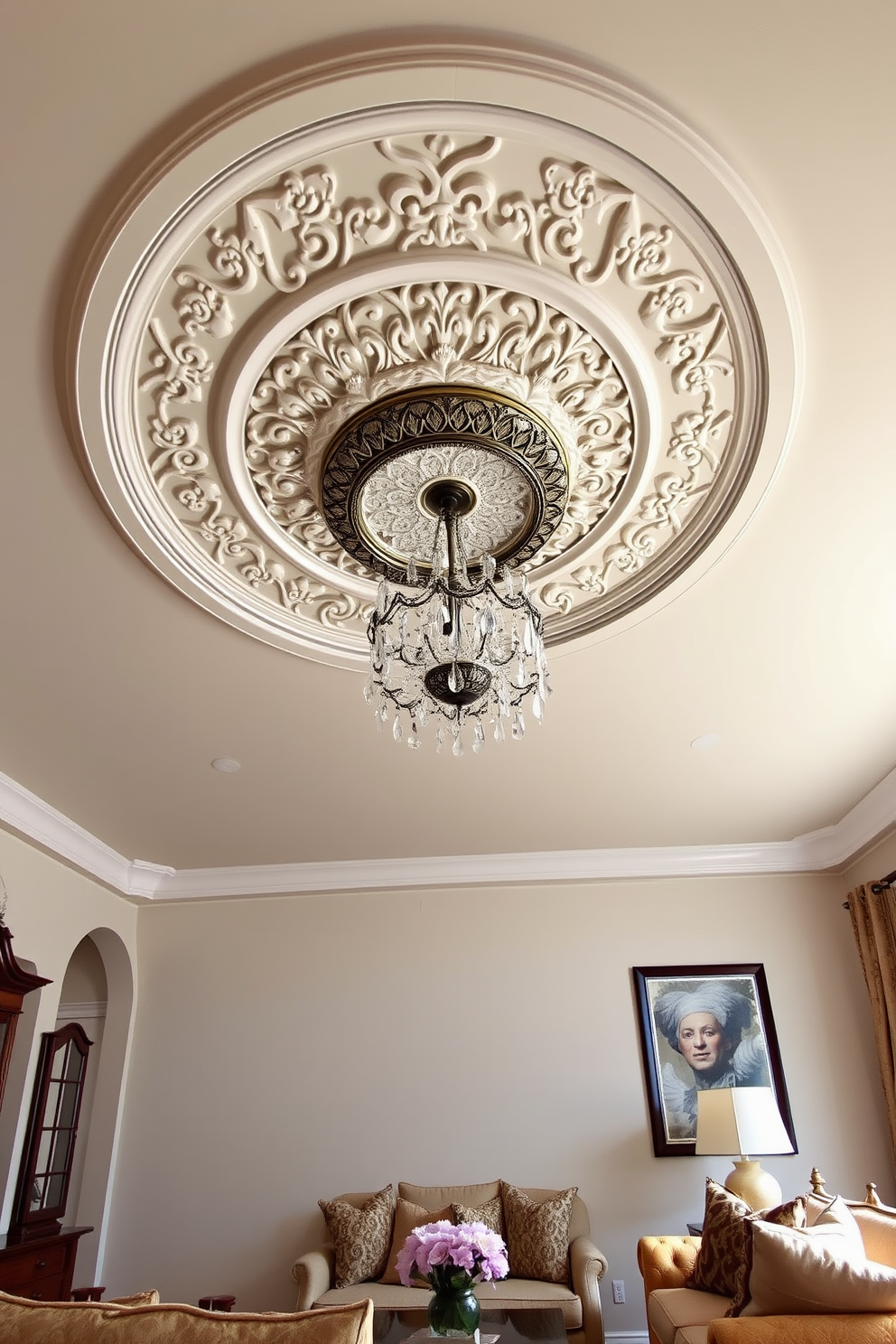 A chic ceiling medallion is centered in the living room, showcasing an intricate design that adds elegance to the space. Below it, a stunning chandelier with crystal accents cascades light, creating a warm and inviting atmosphere. The walls are painted in a soft neutral tone, complementing the rich wood tones of the furniture. Plush seating arrangements are arranged to encourage conversation, while decorative pillows add a pop of color to the overall design.