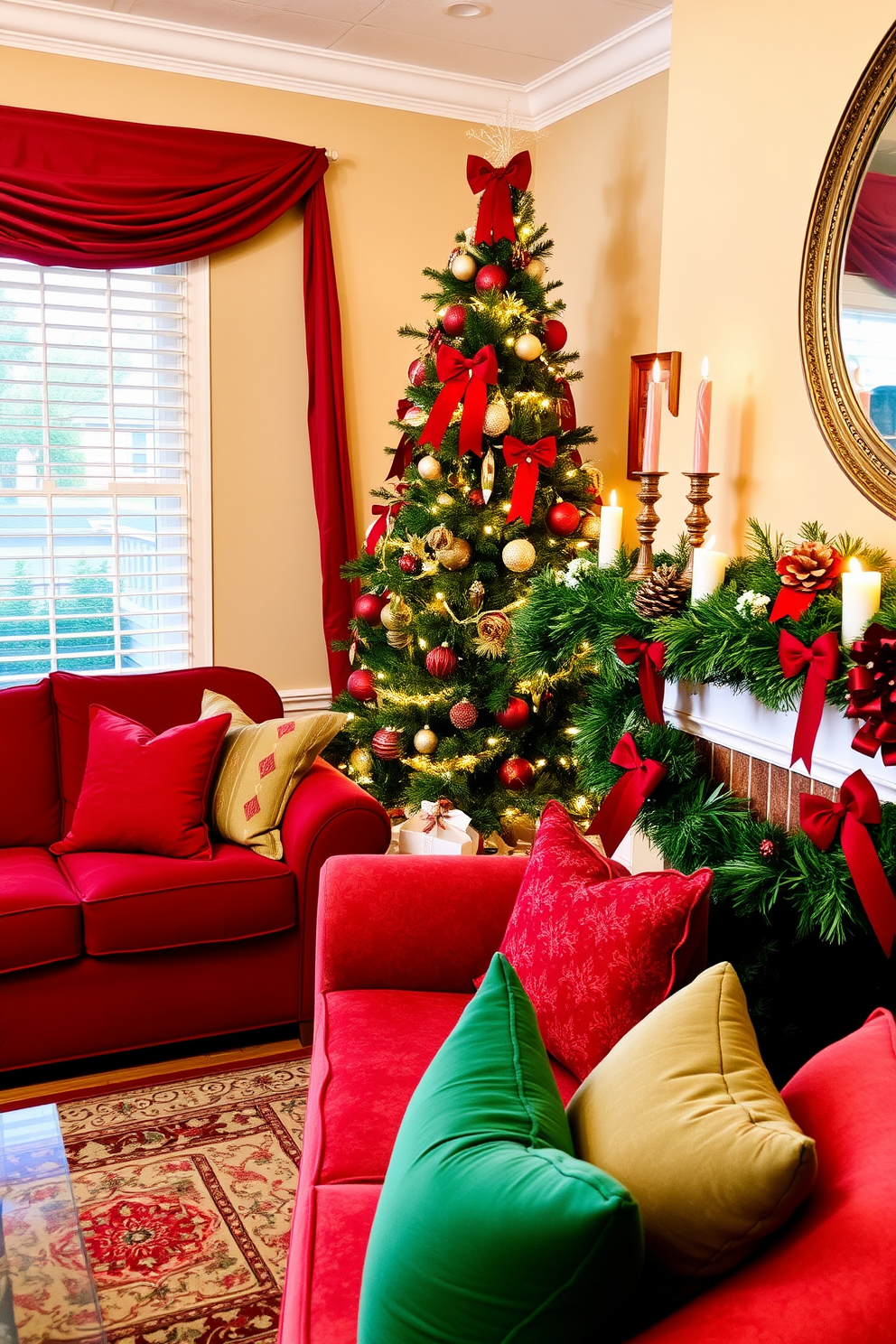 A cozy living room adorned with a classic red and green color scheme. The walls are painted in a warm cream hue, while a rich red sofa is complemented by green and gold accent pillows. A beautifully decorated Christmas tree stands in the corner, adorned with red and green ornaments and twinkling white lights. A festive garland drapes gracefully along the mantel, accented with pinecones, red bows, and flickering candles.