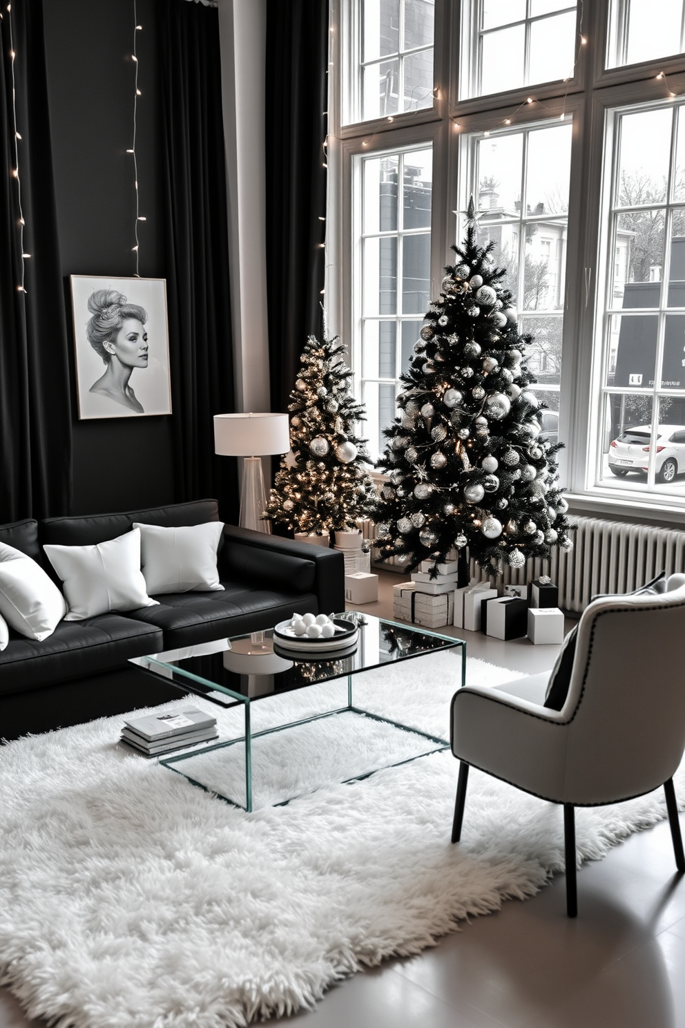 Chic monochrome decor in black and white. The living room features a sleek black sofa adorned with white throw pillows, complemented by a glass coffee table atop a plush white rug. Christmas decorating ideas include a minimalist black and white tree adorned with silver ornaments. String lights wrap around the window frames, casting a warm glow on the elegant decor.