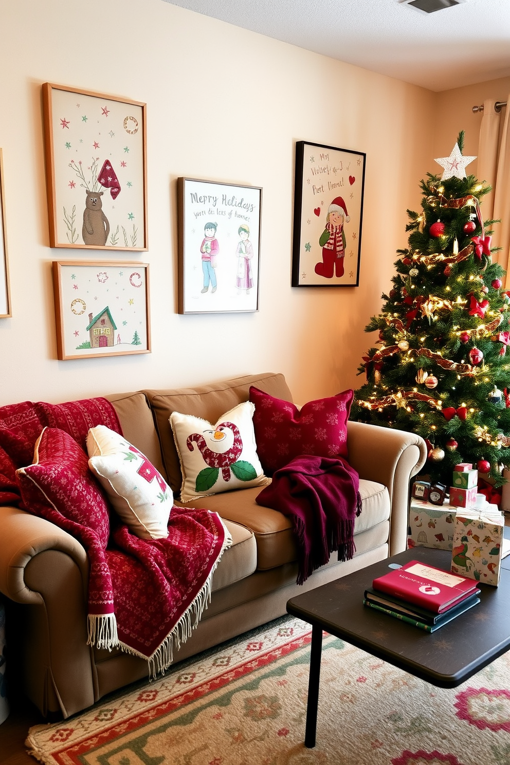 A cozy living room adorned with whimsical holiday-themed artwork on the walls. The space features a plush sofa draped with festive throw blankets and pillows, complemented by a beautifully decorated Christmas tree in the corner.