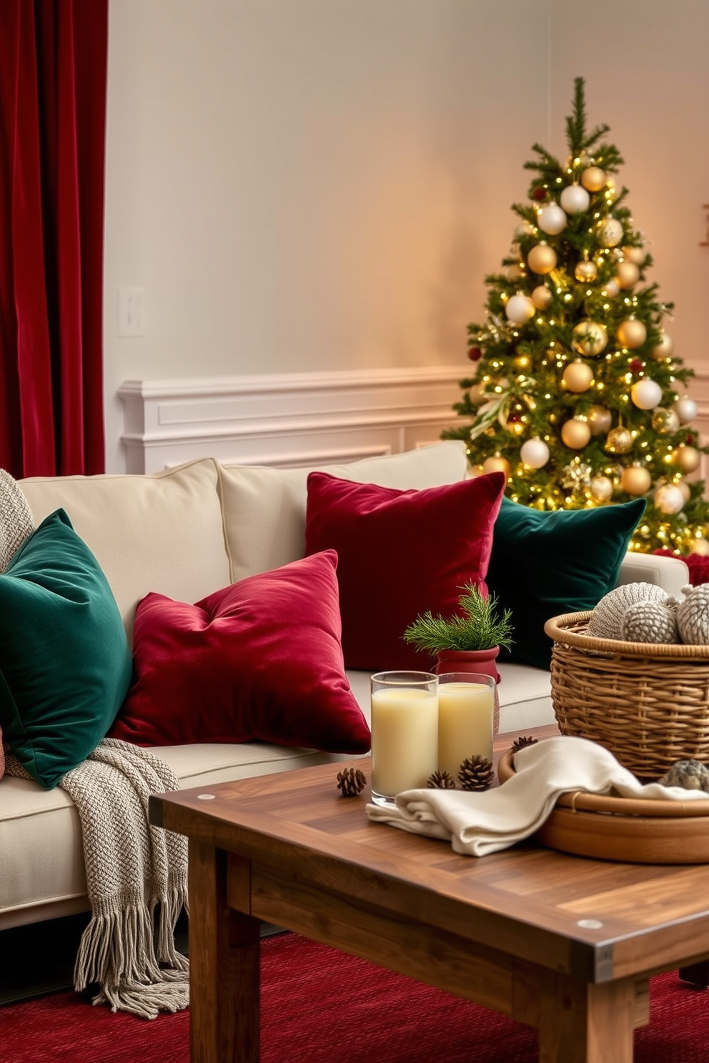 A cozy living room adorned for Christmas features layered textures of rich velvet and soft linen. Plush velvet cushions in deep red and emerald green are arranged on a cream linen sofa, complemented by a knitted throw draped over the armrest. A beautifully decorated Christmas tree stands in the corner, adorned with twinkling white lights and elegant gold ornaments. A rustic wooden coffee table is topped with a festive arrangement of pinecones, candles, and a woven basket filled with cozy blankets.