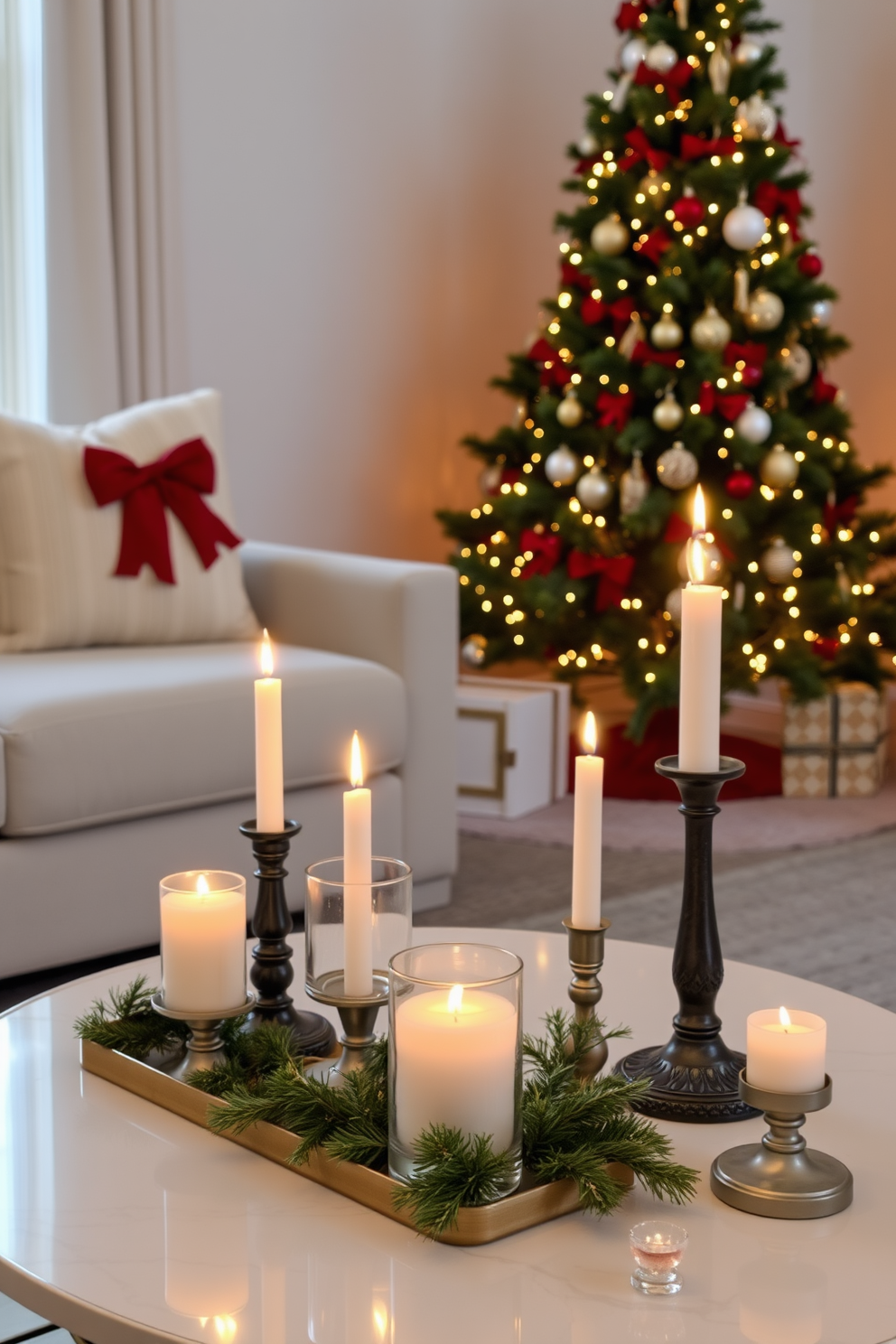 A cozy living room adorned for Christmas with festive candles in varied heights placed on a stylish coffee table. The warm glow of the candles complements the lush greenery of a beautifully decorated Christmas tree in the corner, creating a welcoming and cheerful atmosphere.